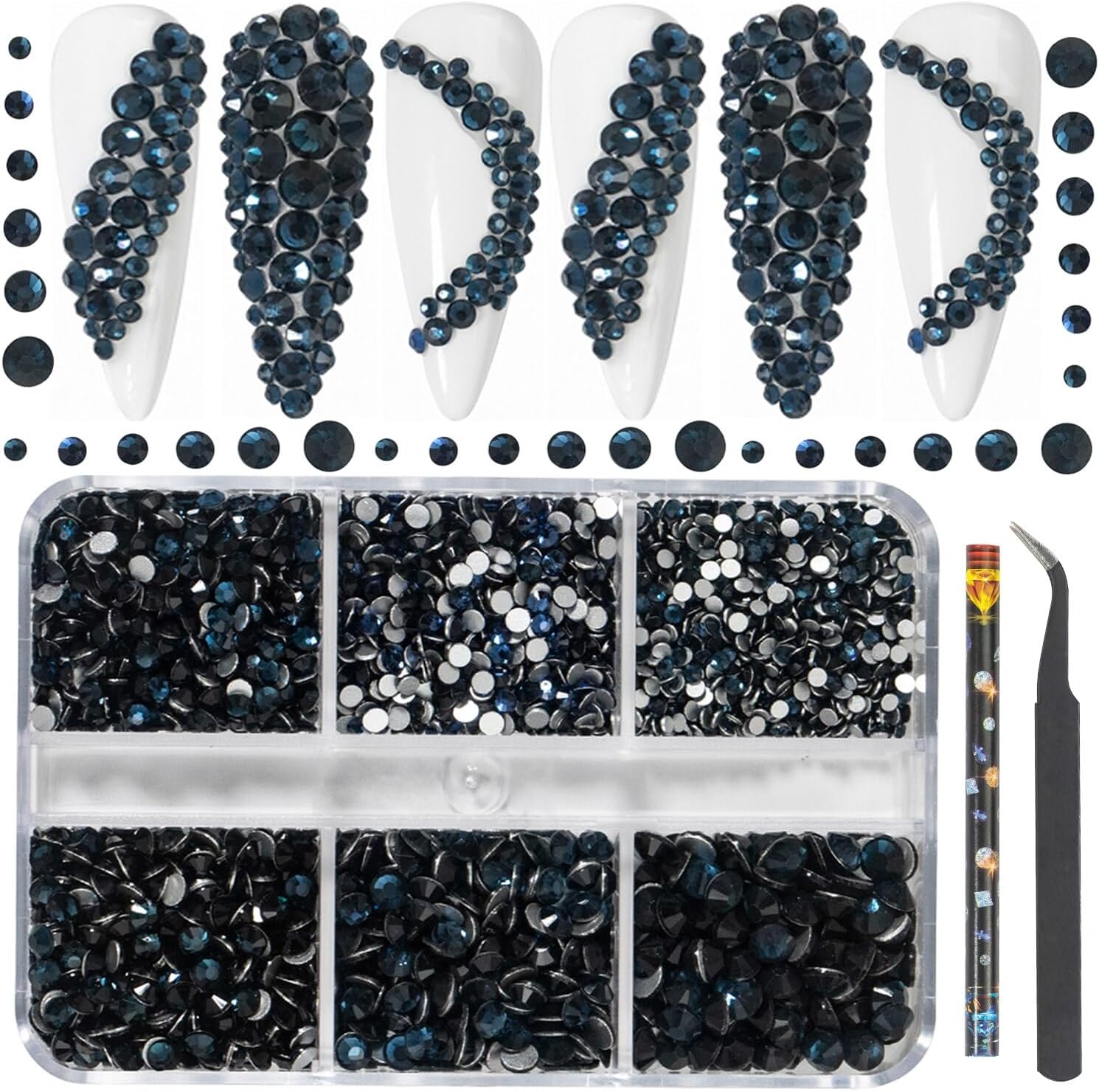 HNUIX Luxury Shini 3D Diamond Ink Blue Multi-Size Rhinestones Nail Charms Flat Bottom Crystals Nail Art 3D Decoration Gem Kit - (Color: Ink Blue)