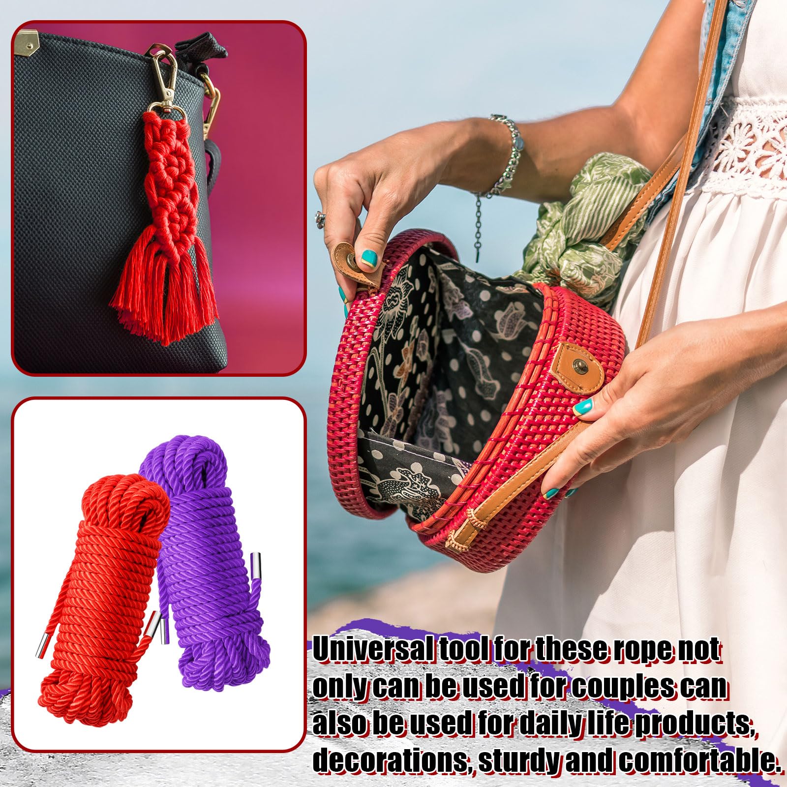Tisancy 4 Pcs Multifunctional Craft Cord Kit with 2 Soft Silk Macrame Cords and 2 Adjustable Nylon Bracelets, 32.81 ft Twisted Trim Cord for DIY Crafts and Home Decoration(): Red, Purple