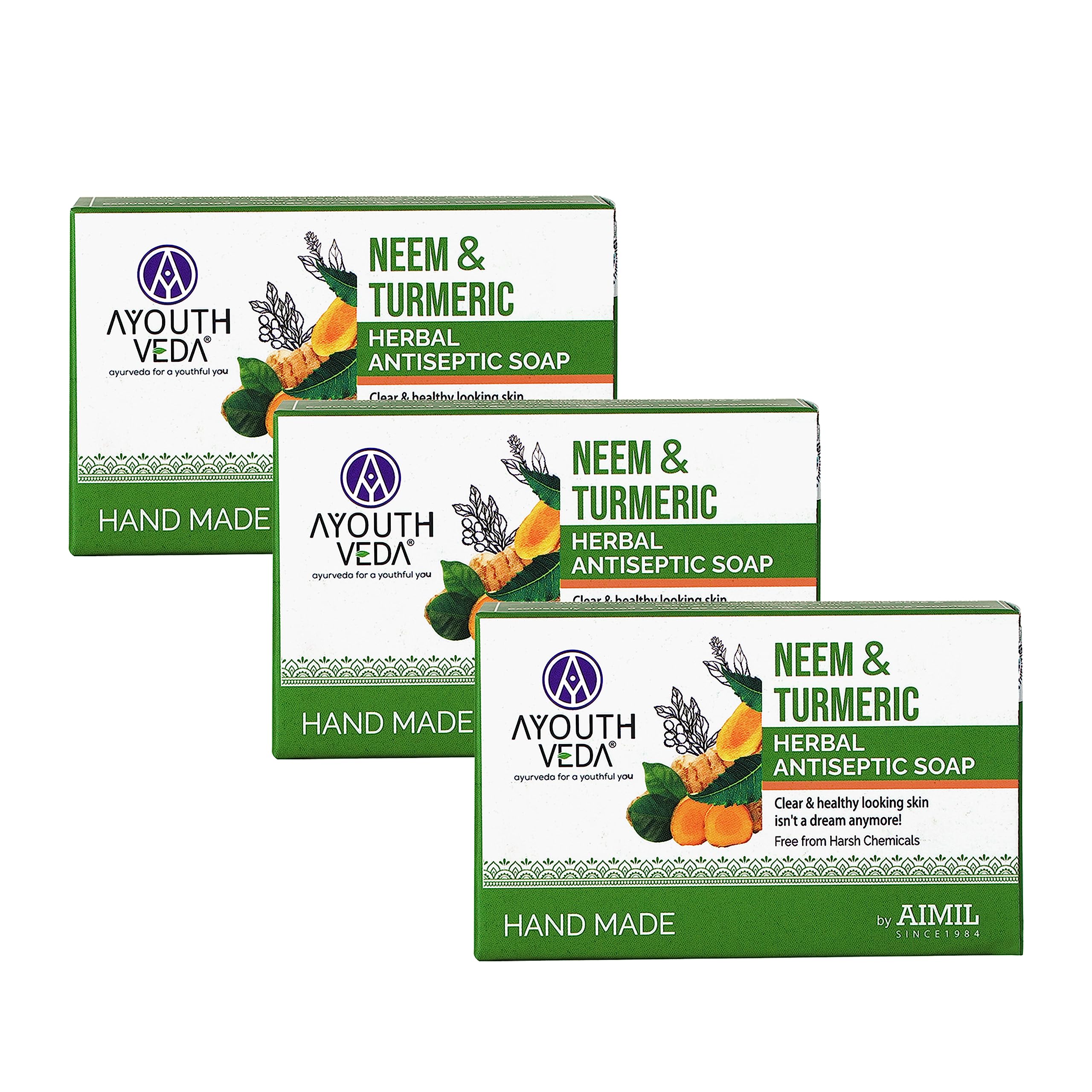 Ayouthveda Neem and Turmeric Herbal Soap | Antiseptic Bathing Soap with Natural Fragrance | Prevents Skin Disease With Neem & Turmeric | For Glowing & Acne Free Skin (Pack of 3-100g each)