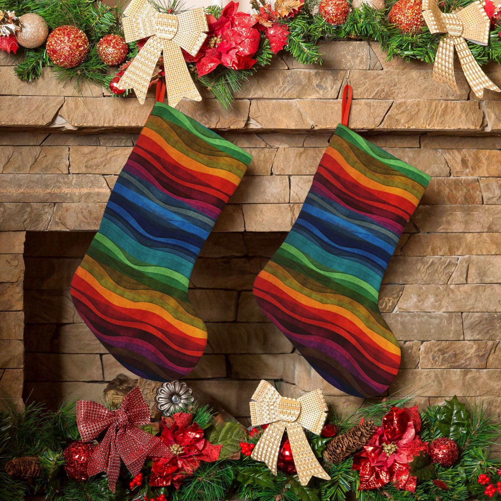 Rainbow Christmas Stockings 18 Inches Velvet Xmas Fireplace Hanging Stocking Rustic Christmas Santa Stockings for Home Christmas Decorations Party Favor Supplies