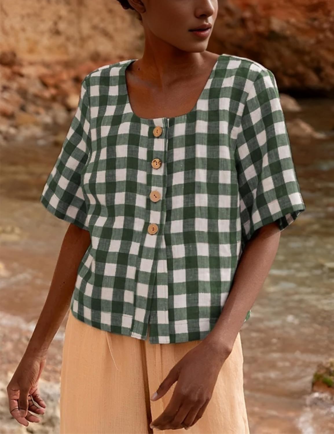 PUWEI Women's Button Down Shirts Summer Casual Plaid Shirt Square Neck Short Sleeve Cotton Blouse Tops - Image 4