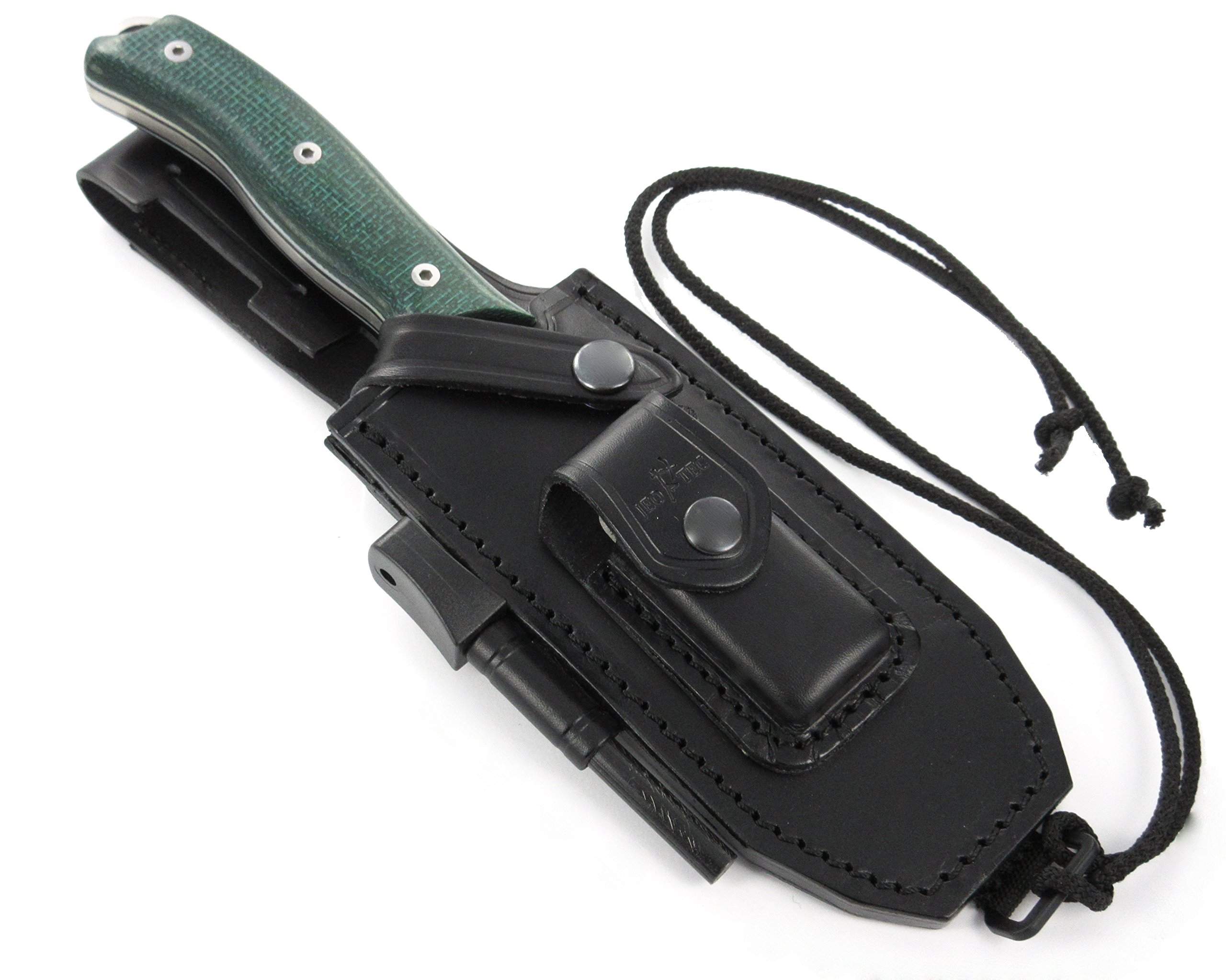 JEO-TEC Nº9 Cuchillo supervivencia caza monte bushcraft camping outdoor campo - Funda de piel con pedernal y piedra afilar incluidos - Acero MOVA-58 - Fabricado en España