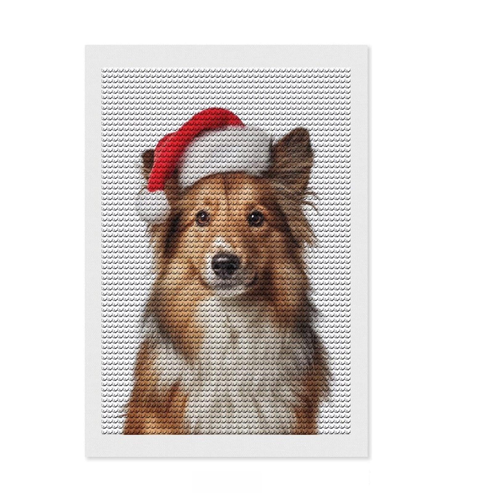 Junmoney Shetland Sheepdog with Santa Hat Portrait DIY Diamond Art Canvas Kit 8"x12", for Teens, Creative Leisure Activity, Boho Decor, Festive Craft Gift