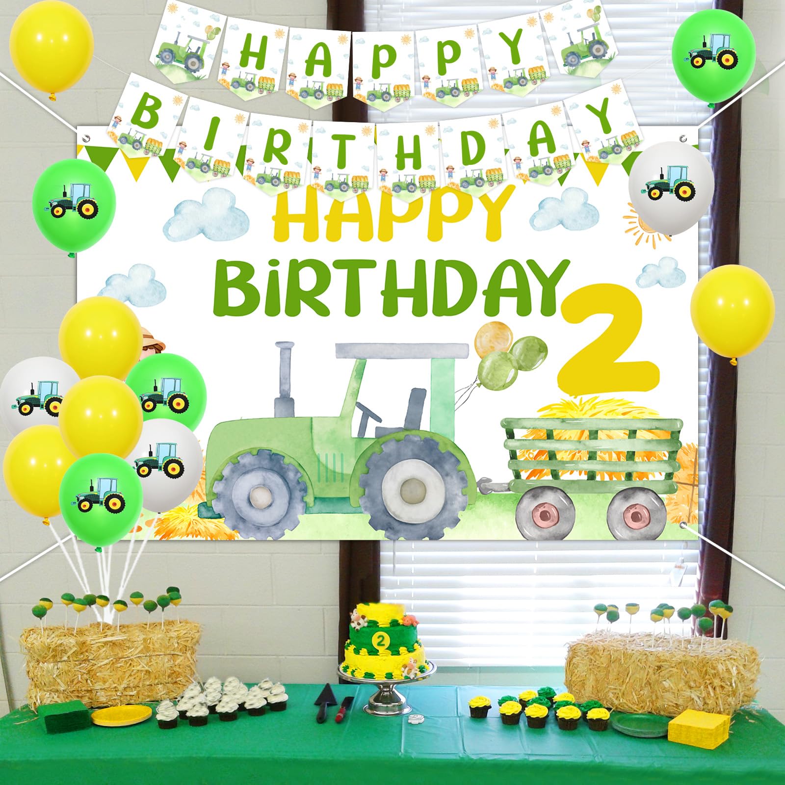 Sursurprise Decorazioni per feste di compleanno con tosaerba, sfondo con erba verde, 2,1 x 1,5 m, sfondo fotografico di compleanno con trattore, per fattoria, fattoria, forniture per feste