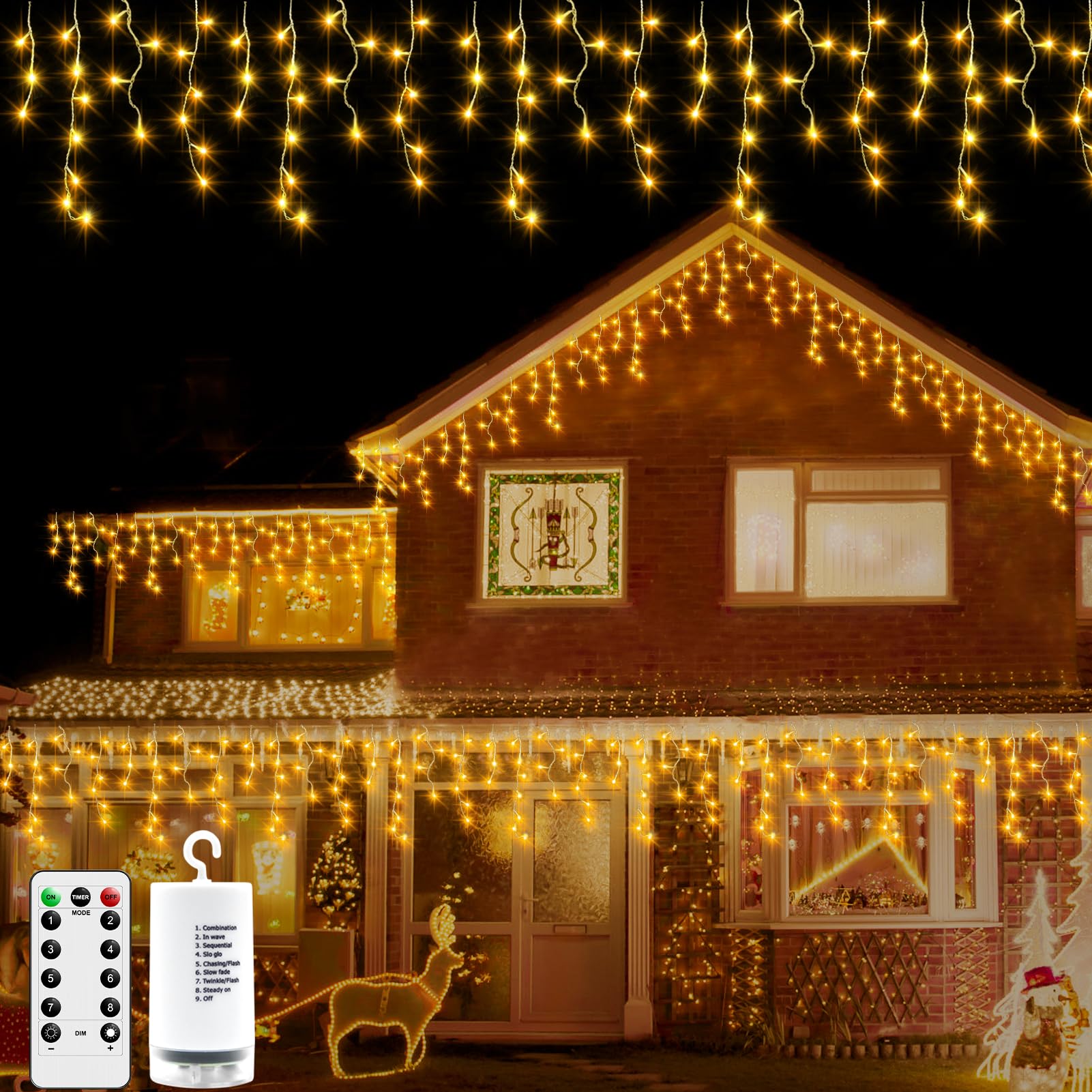DBFAIRY Luces de carámbano de Navidad para exteriores, 6 m, 300 luces LED, funciona con pilas, con control remoto, 8 modos, cadena de luces de carámbano para ventana, cenador, balcón, decoración de