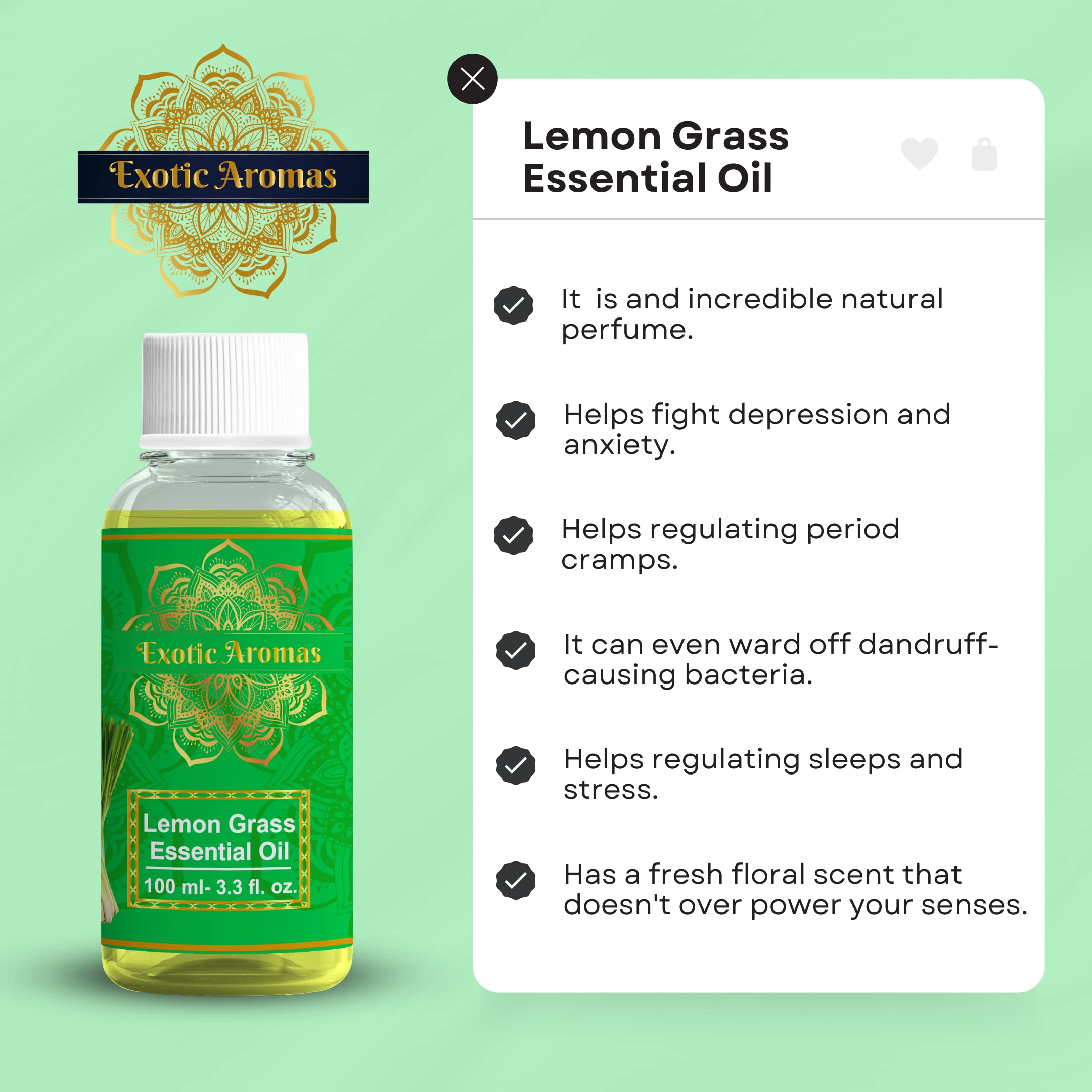 Exotic Aromas Lemongrass Essential Oil for Aroma Therapy, Stress Relief, Hair, Skin & Sleep, 100 M - Image 4 thumbnail