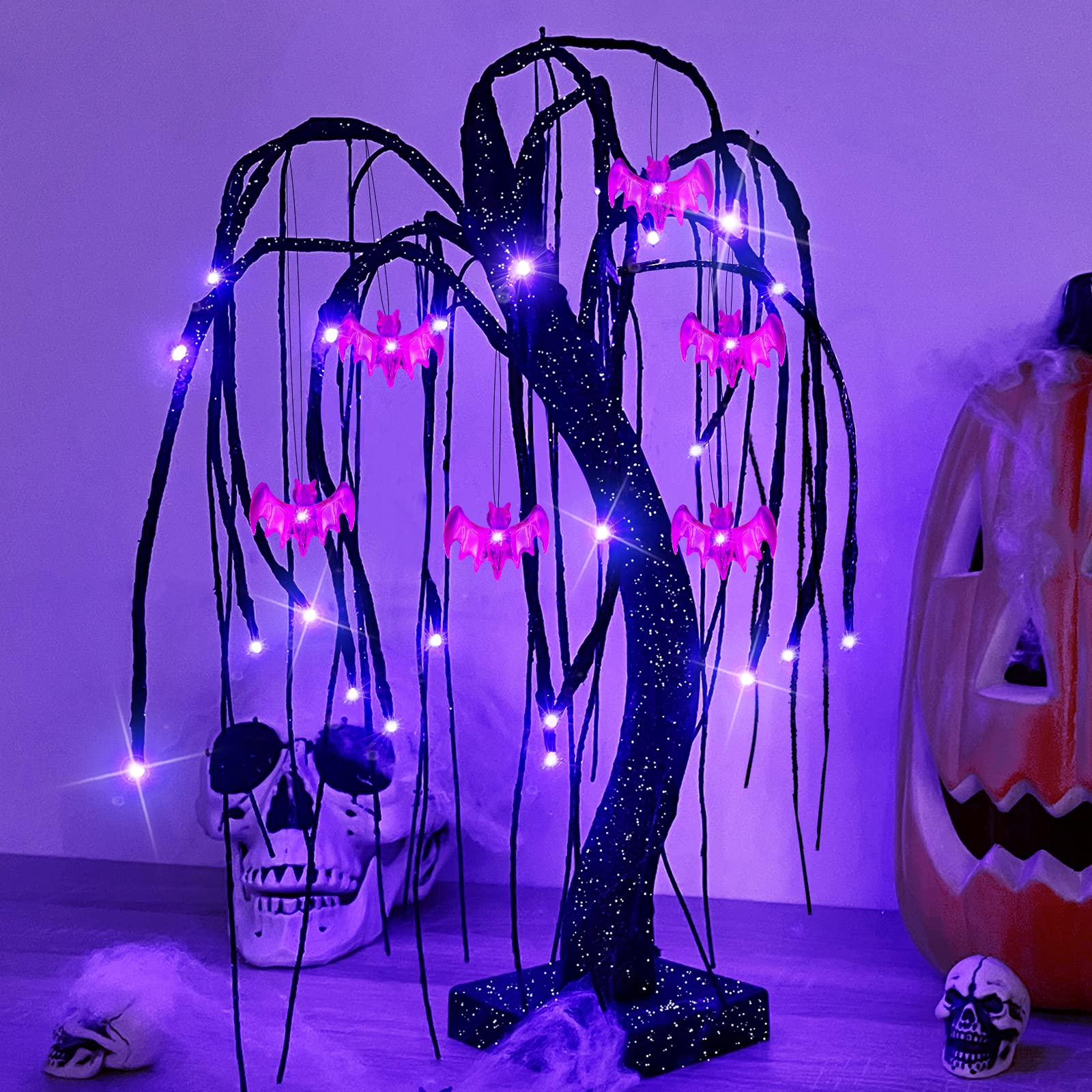 Photo 1 of TURNMEON 18 Inch Tabletop Halloween Tree with 24 LED Purple Lights Timer Battery Operated 6 Spooky Bats Glittered Scary Dead Ghost Black Tree Halloween Decorations Home Party Indoor Desktop Holiday