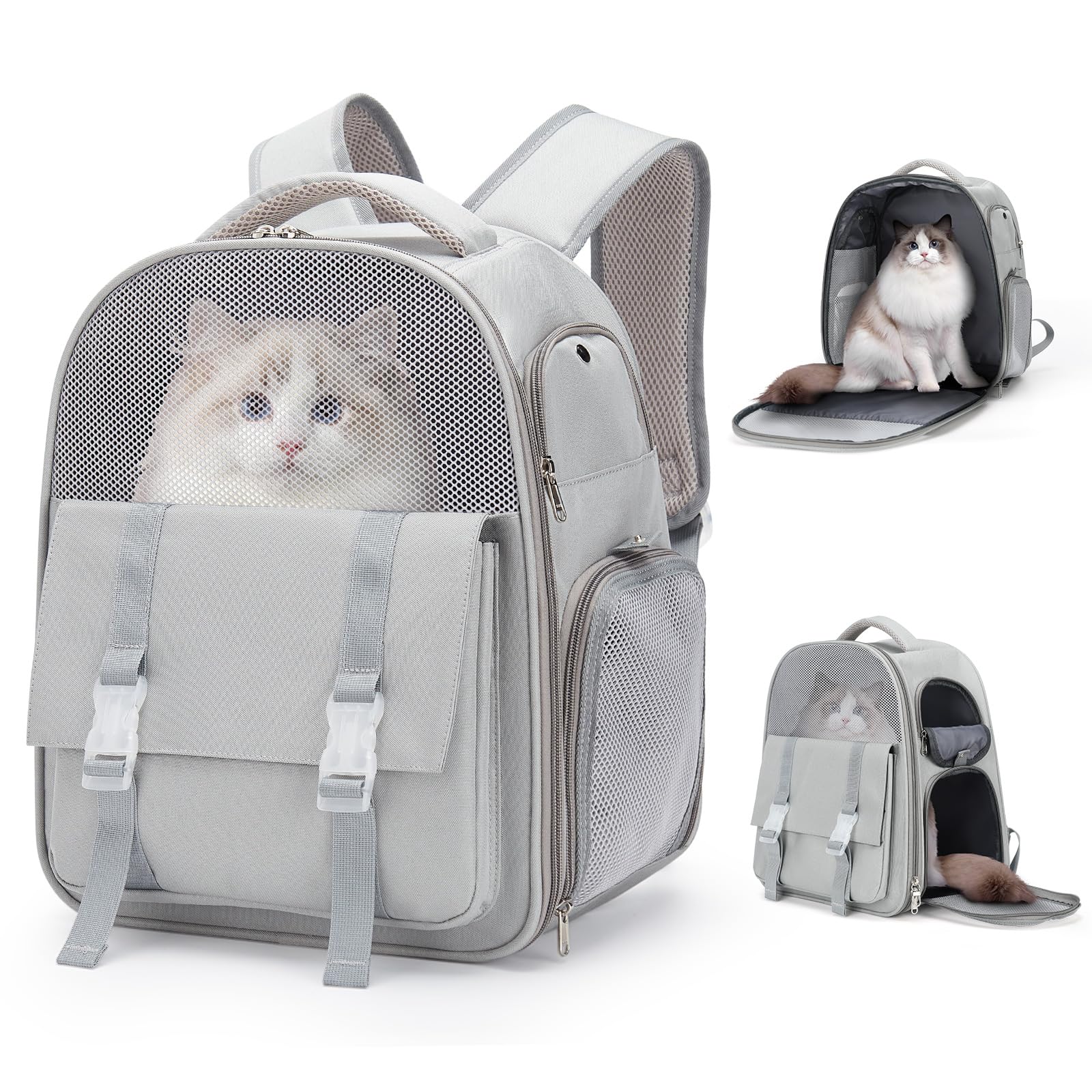 winspansy Transportin Gato, Mochila para Perro Pequeño Mascotas con Ventanas de Red 10kg, Bolso para Perros Gato Pequeños Transporte Ligera Mochila Plegable Portátil Grigio