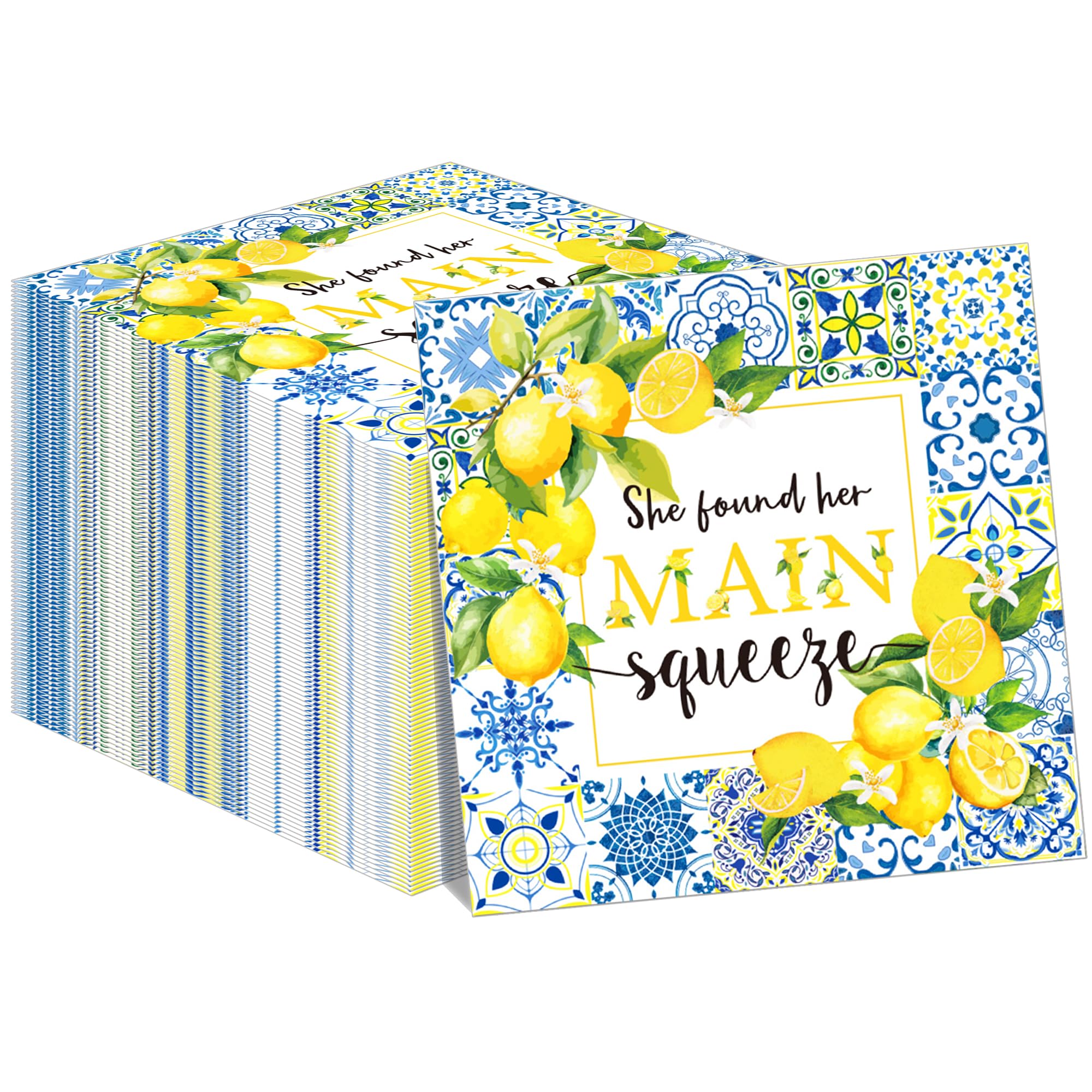 40Pcs Tiles Lemon Paper Napkins She Found Her Main Squeeze Pattern Theme Party Supplies Tableware Blue and White Porcelain Lemon Dinner Napkins for