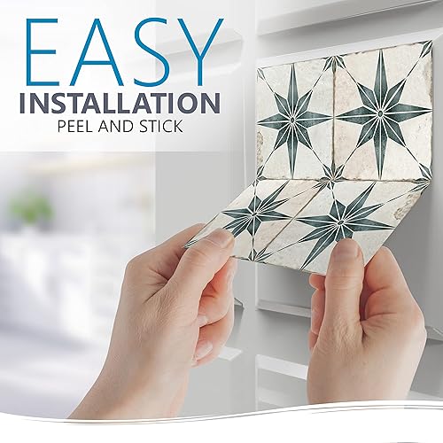 Miniatura 2 de Azulejos autoadhesivos para azulejos de piso, papel tapiz vintage para despegar y pegar (4 x 4 pulgadas, turquesa plata)