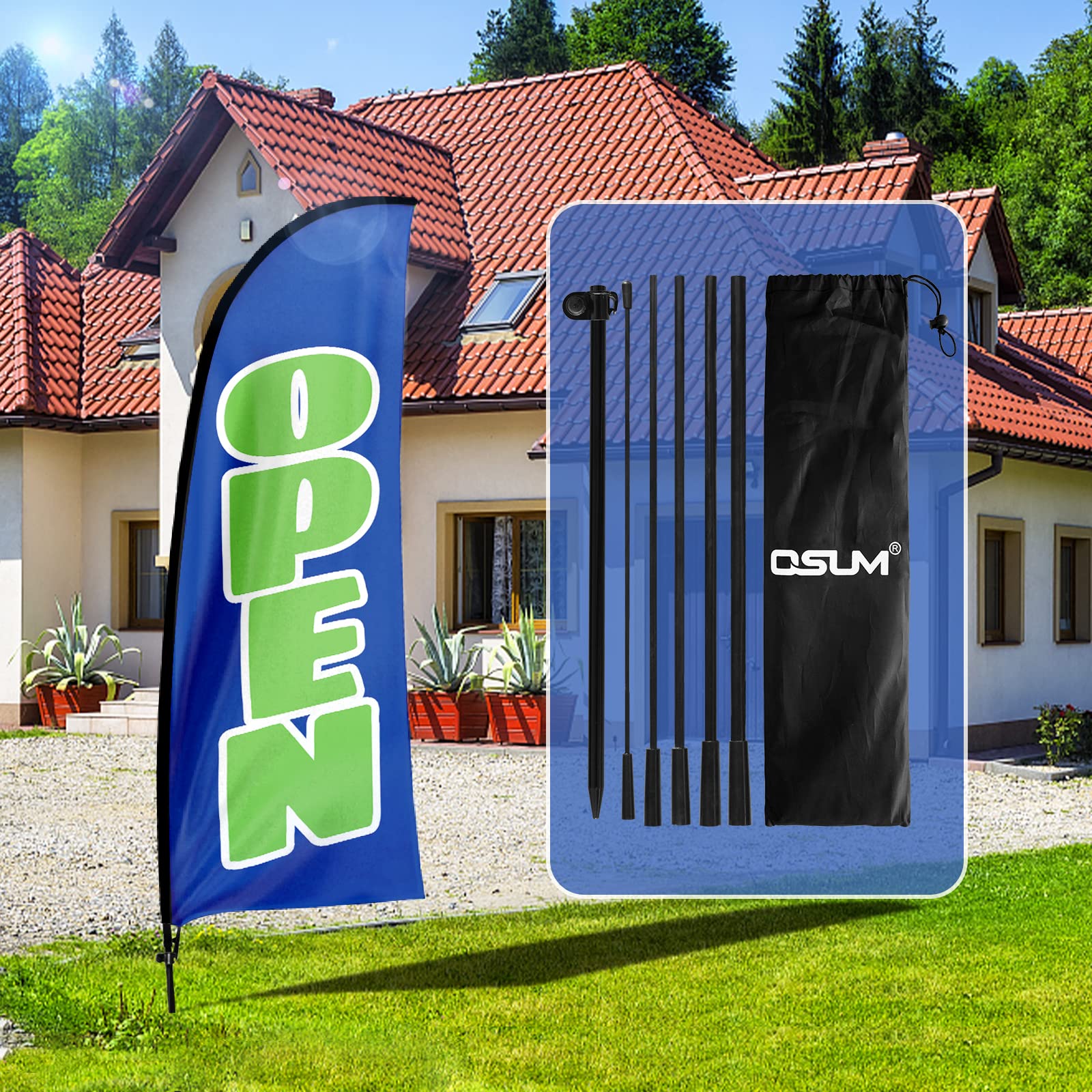 QSUM Open Feather Flag,7FT Open Advertising Swooper Flag with Pole Kit, Ground Spike, Open Signs for Businesses and Storefronts(Blue)