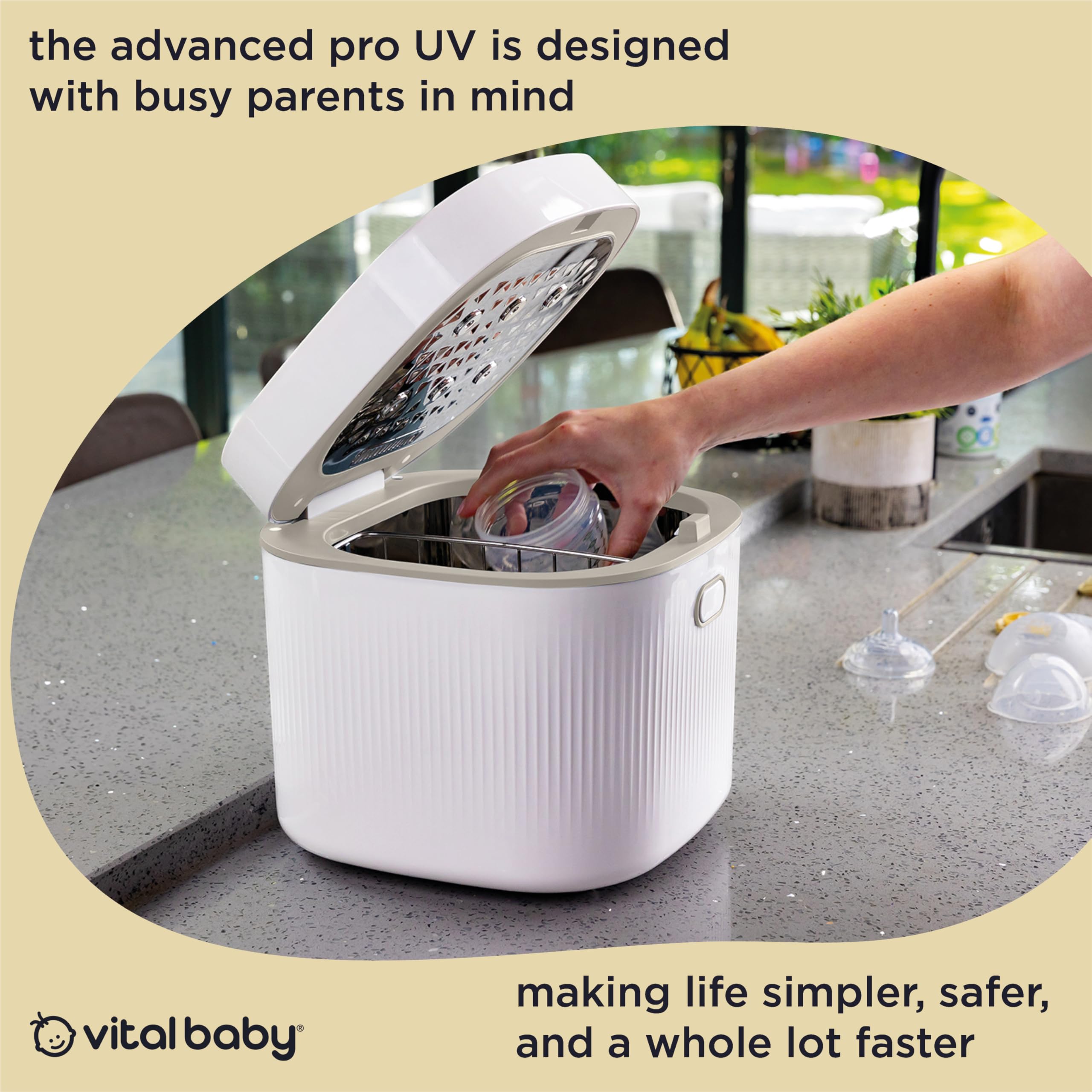 Vital Baby Esterilizador UV para biberones y accesorios, mata el 99,99% de los gérmenes en 5 minutos, esteriliza, seca y almacena, sin agua, vapor ni productos químicos, negro ónix