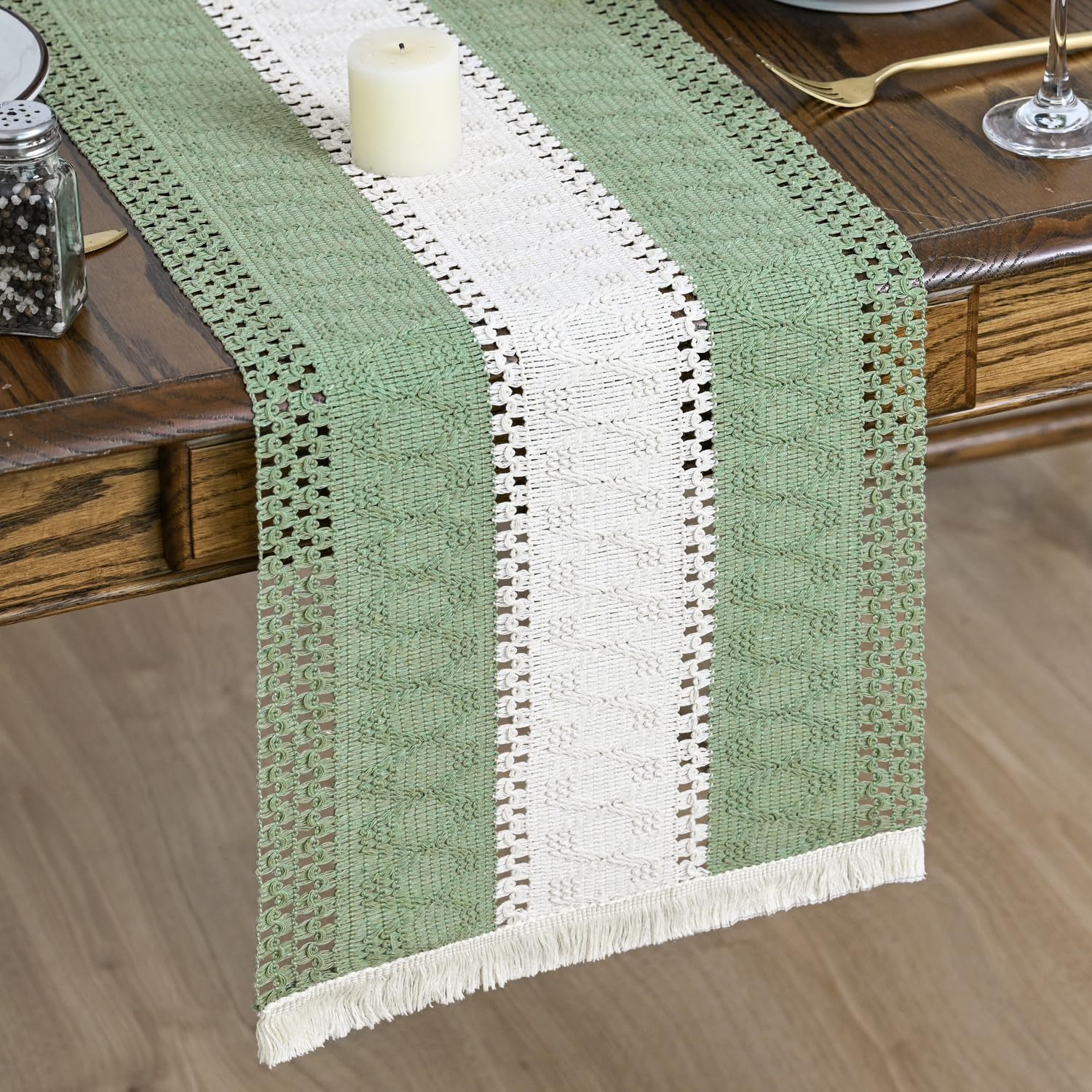 Artoid Mode Light Green Farmhouse Rustic Table Runner 30x183 cm, Seasonal Hollow Kitchen Dining Table Decoration for Home Party Decor