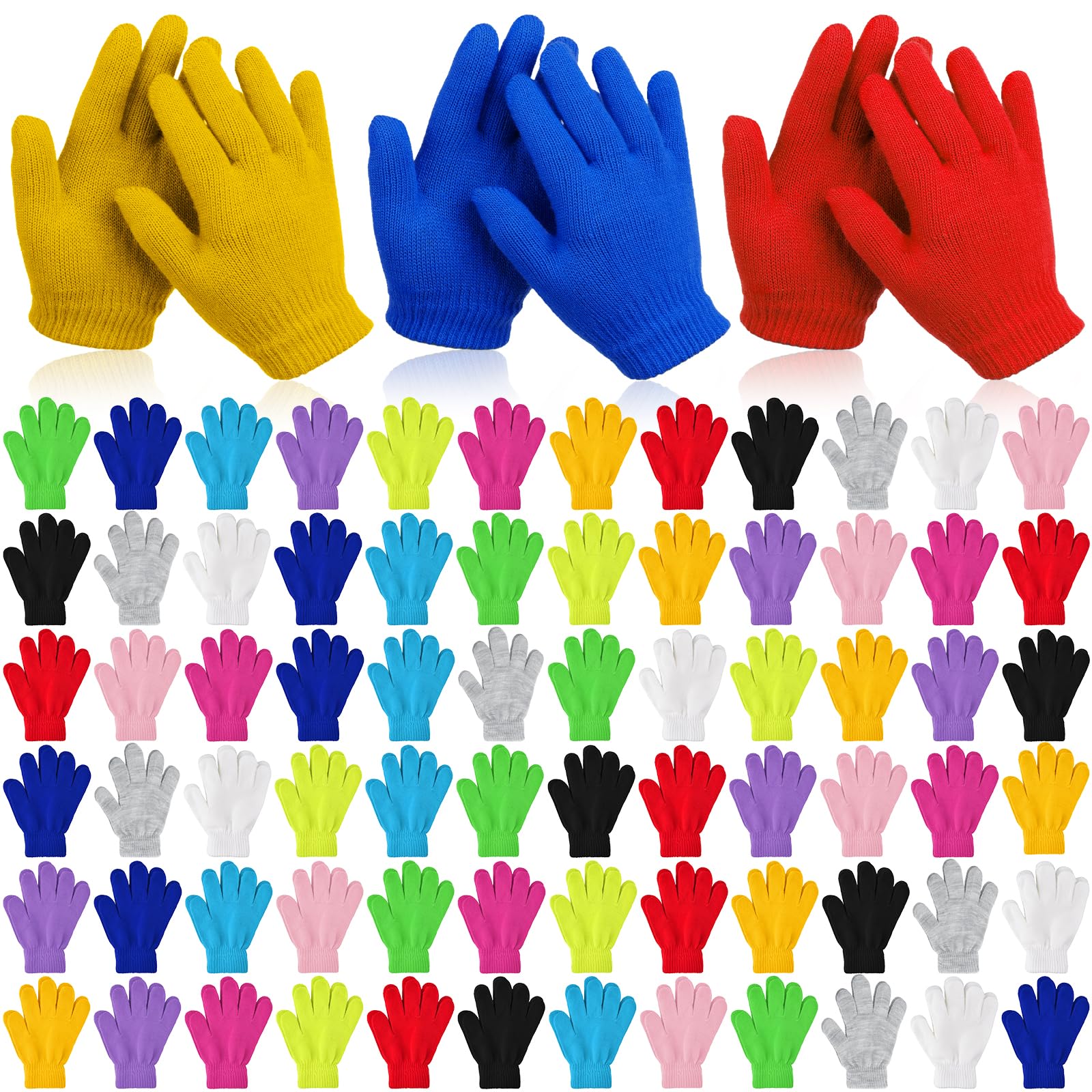 Coopay 12/24/48/100 Pairs Kids Winter Magic Gloves, Stretchy Full Finger Bulk Children Knitted Gloves for Boys Girls Student