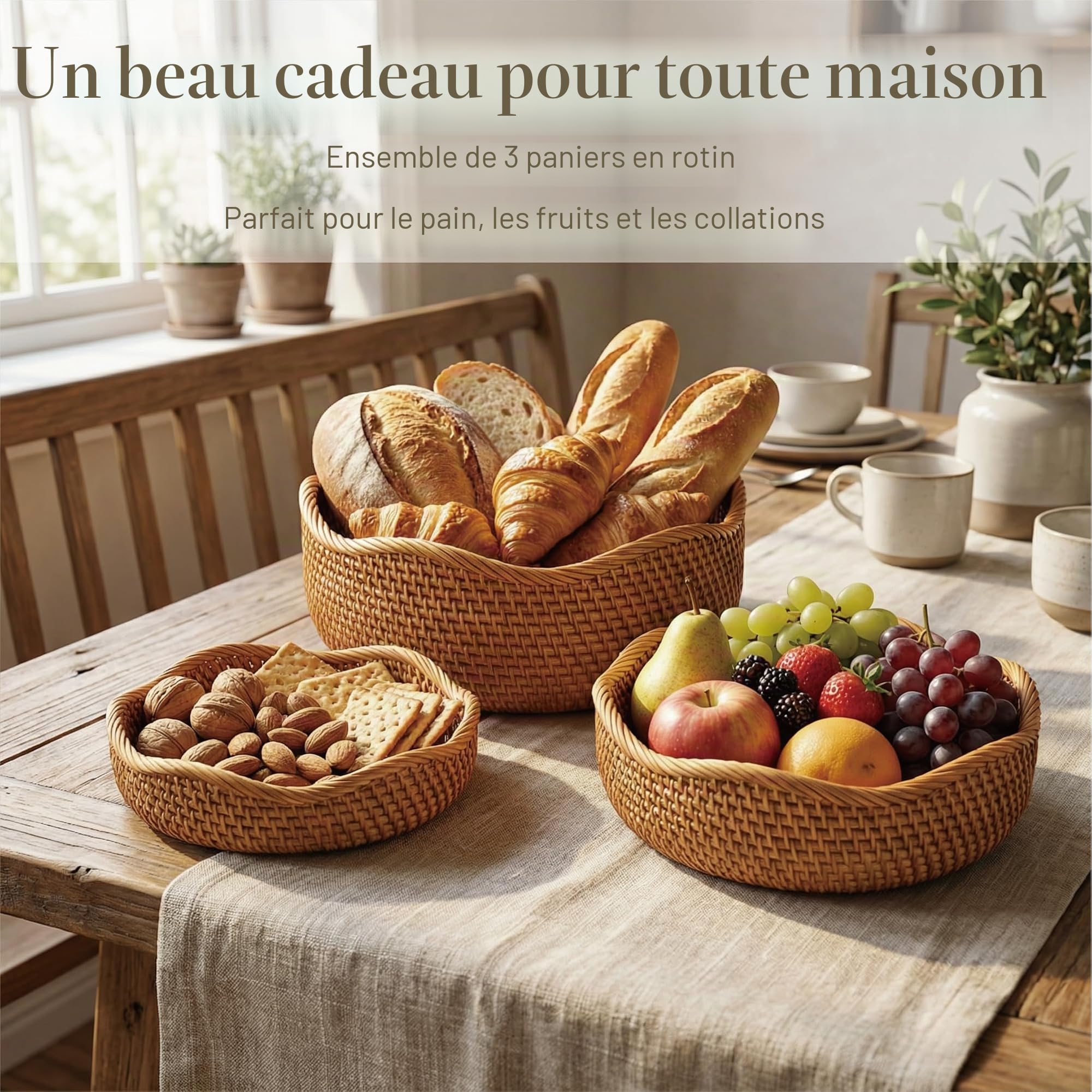 Panier de Rangement Rond en Rotin, Corbeille de Fruits en Osier, Organisateur Tressé Naturel pour Cuisine/Salle à Manger (Vague)