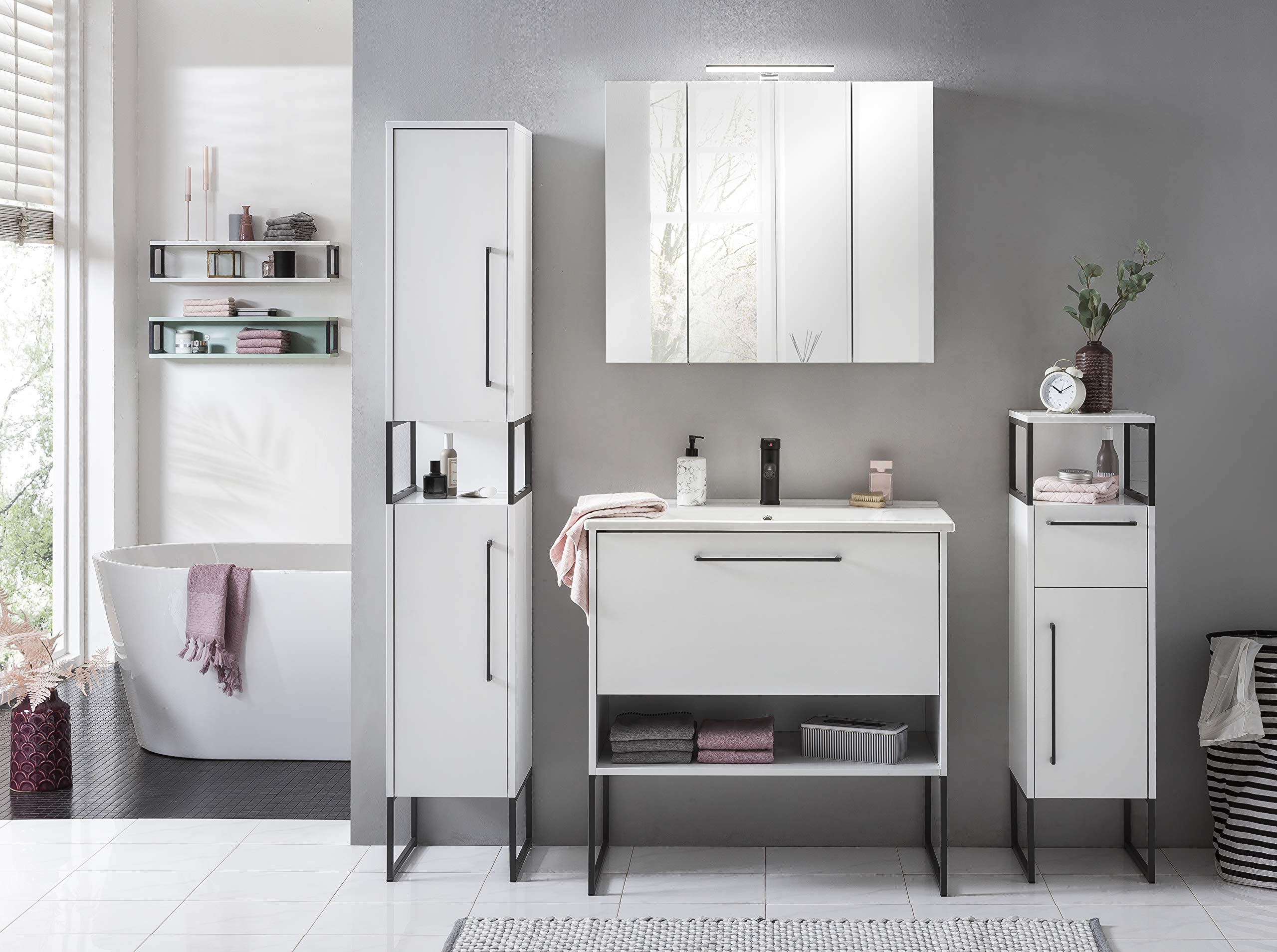 Schildmeyer Limone Armoire De Toilette avec Miroir, Matériau Dérivé du Bois, Blanc Mat, 80 x 74,4 x 16 cm