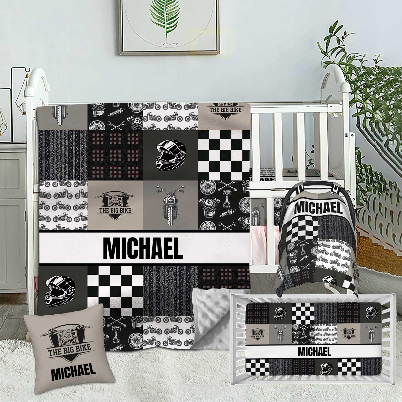 Munific Custom Name Crib Bedding Sets for Boys, Personalized Motorcycle 2 Piece Set, Minky Dotted Backing Blanket, Fitted Sheet, Nursery Sets for Newborn Toddler Infant