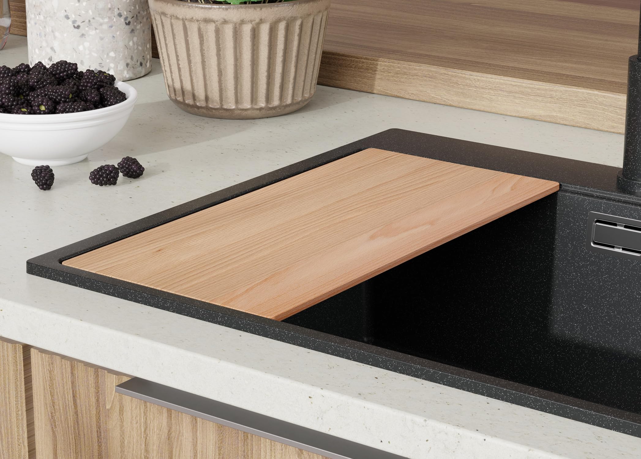 PRIMAGRAN Evier Cuisine en Granit Graphite 78x50cm, Lavabo 2 bacs + Kit de Vidage + Planche à Découper, Évier à Encastrer au Meuble 80cm - Oslo S075