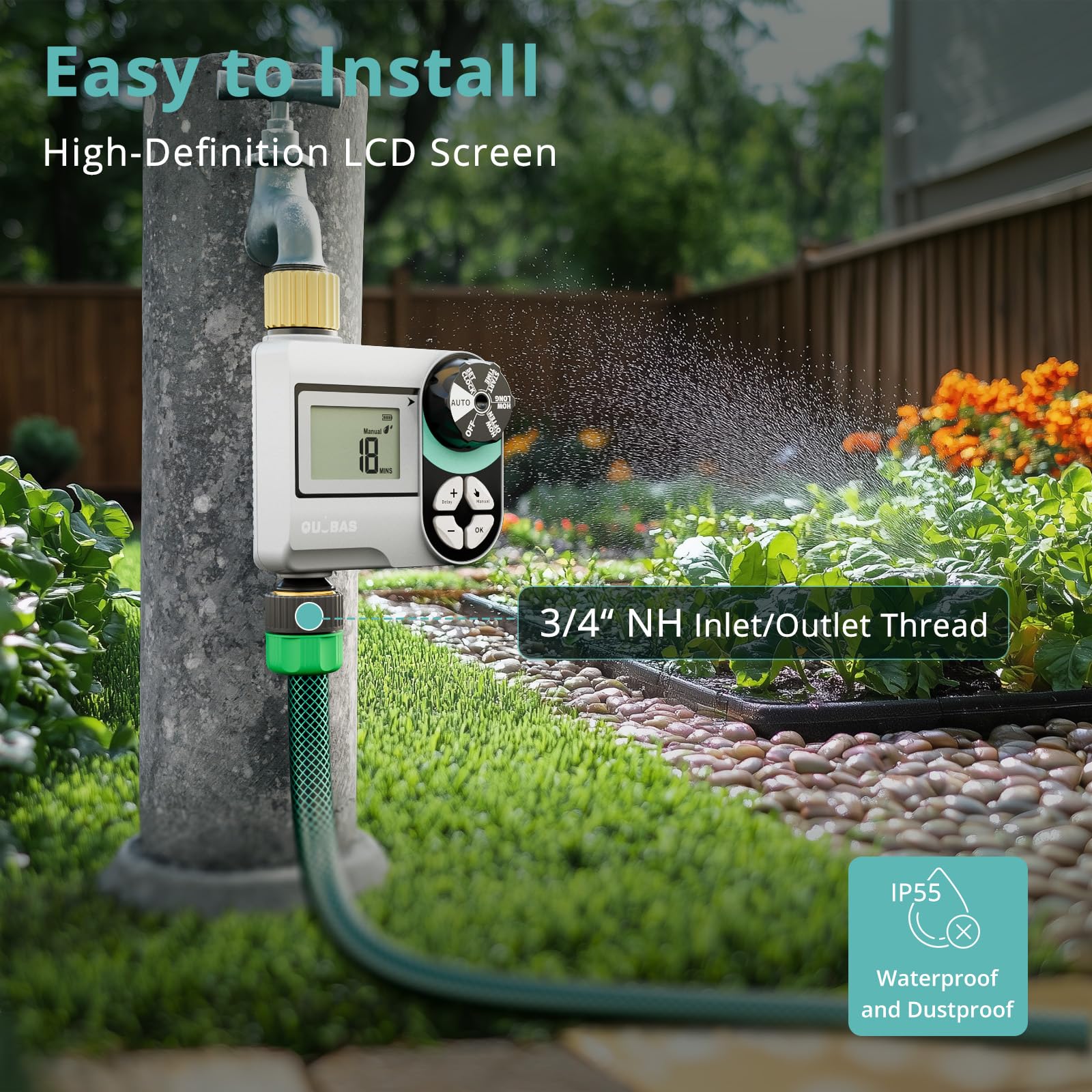 QUOBAS Irrigatore Timer per tubo da giardino, programmabile digitale in ottone con ritardo pioggia / automatico / manuale 3 modalità, piscina, prato, sistema di irrigazione a goccia, alimentato a