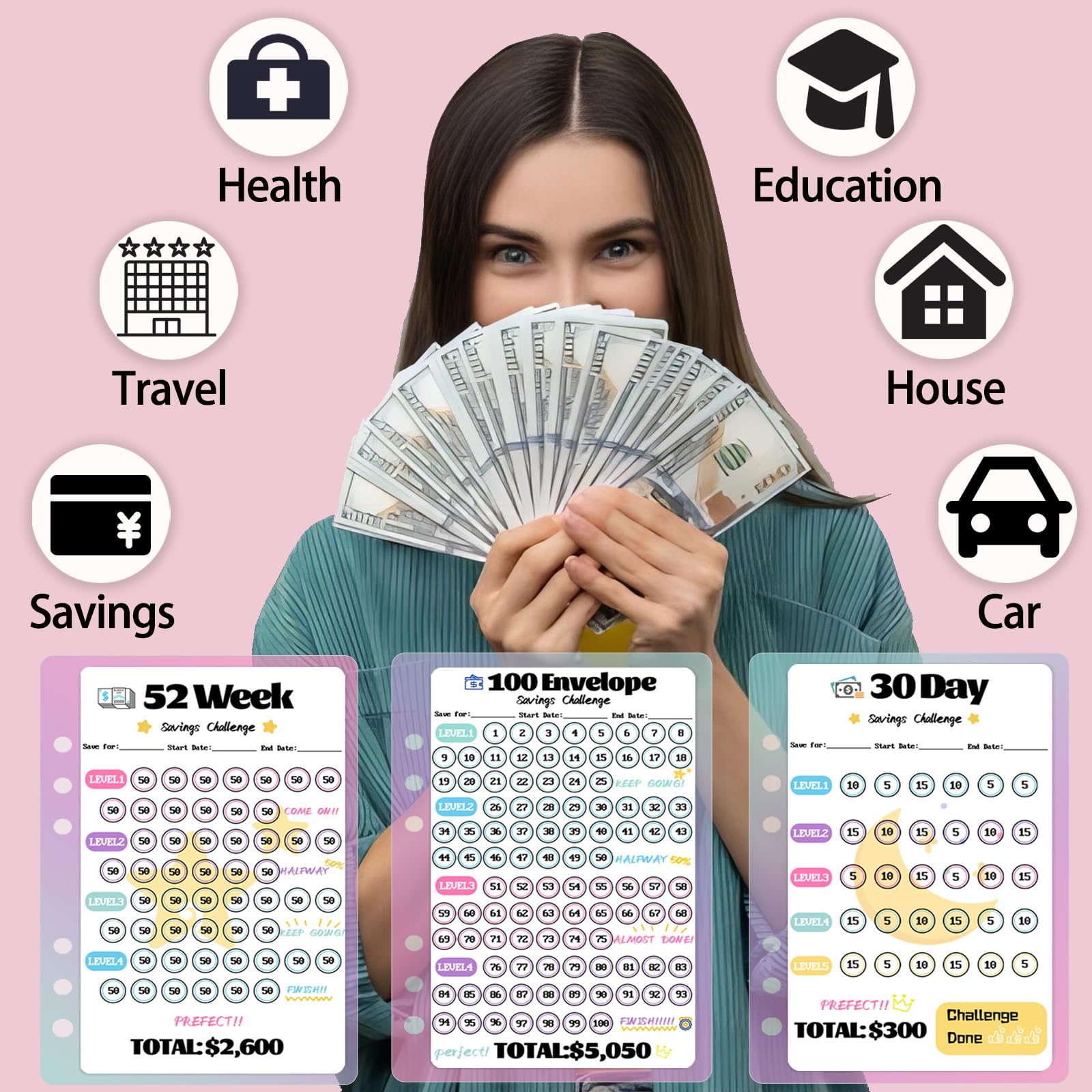 100 kopert, oszczędność pieniędzy, planer budżetu A5, segregator A5, organizer na książki, z 3 trackerami, aby zaoszczędzić 5050 USD i 2600 USD, 300, 100 wstępnie ponumerowanych kieszeni, różowy