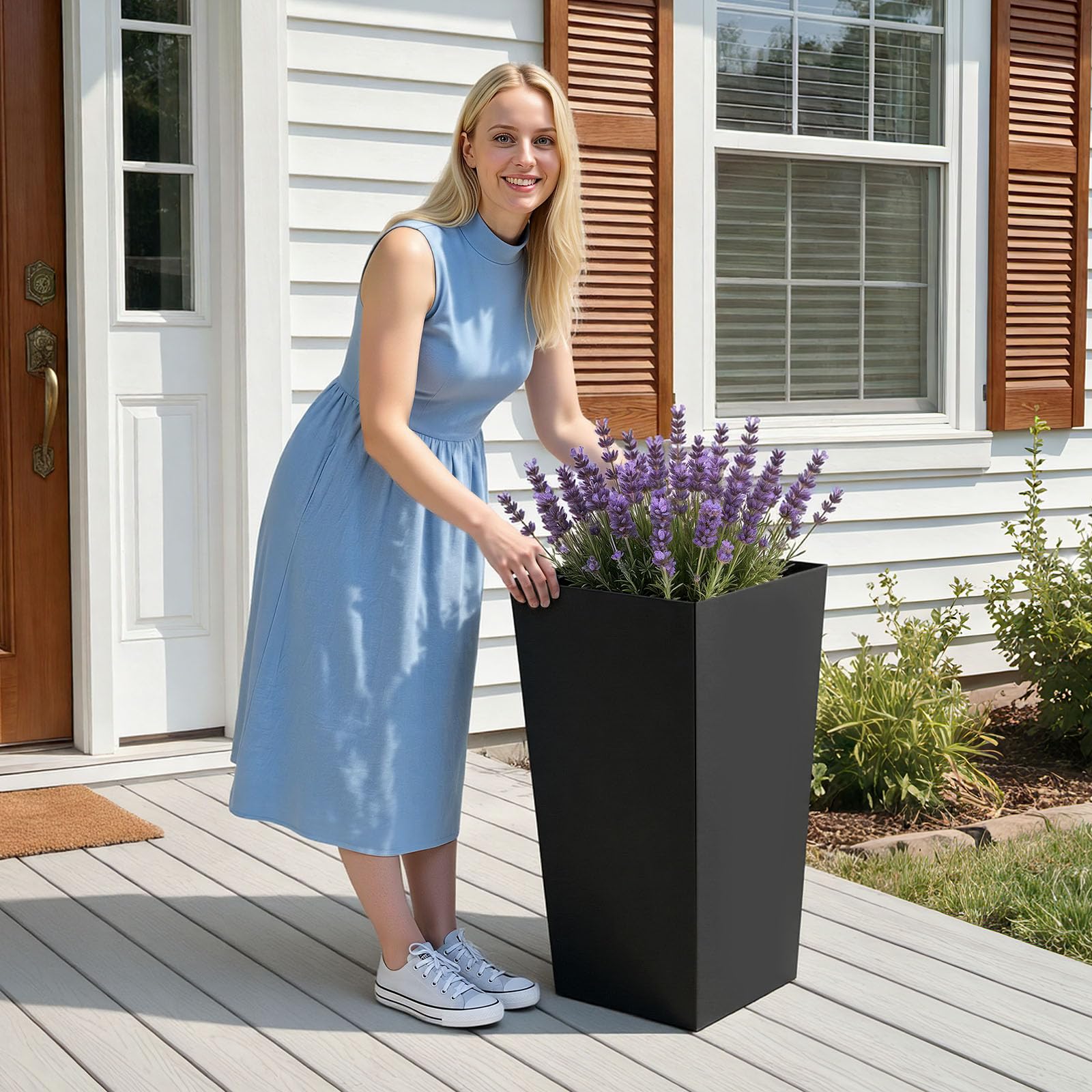 VEVOR Set di 2 Vasi da Fiori Alte 665 mm, Grandi Fioriere per Piante da Interno ed Esterno, Vasi Decorativi Moderni in Plastica per Portico con Rotelle, con Fori di Drenaggio per Patio e Giardino Nere