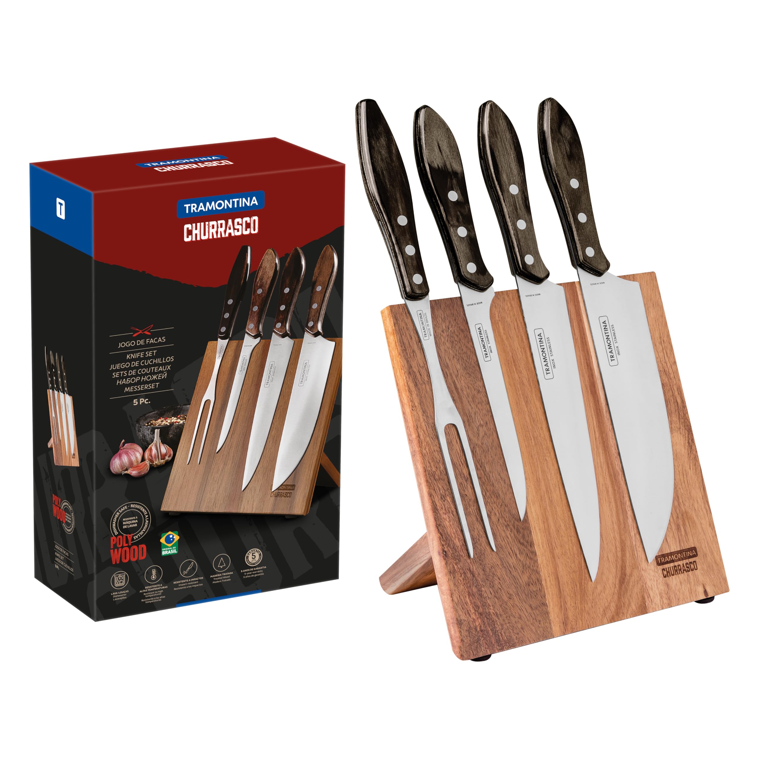 TRAMONTINA - Juego Churrasco, para Asado, en Acero Inoxidable y Mangos de Madera Polywood en Color Castaño, Cubiertos con Remaches de Aluminio, 5 Piezas, Incluye Cuchillos, Soporte y Tenedor