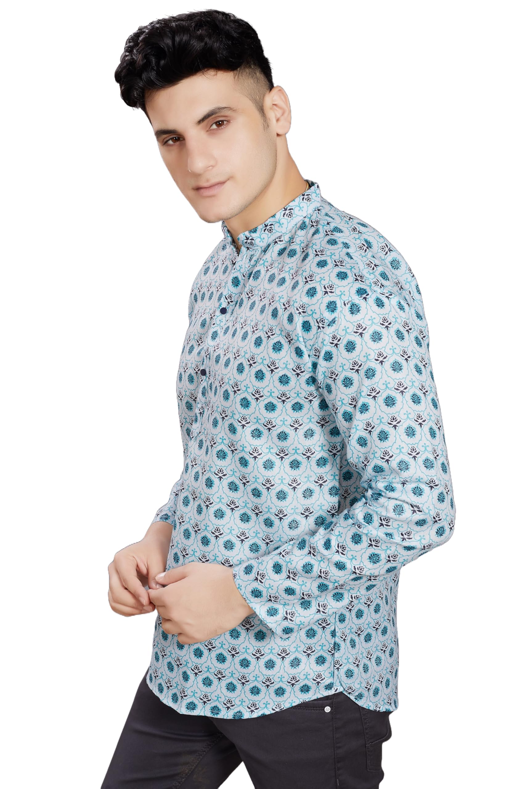 Divisive Men's Pure Cotton Relaxed Fit Printed Short Kurta (Dkrt442_M_Sea Green)