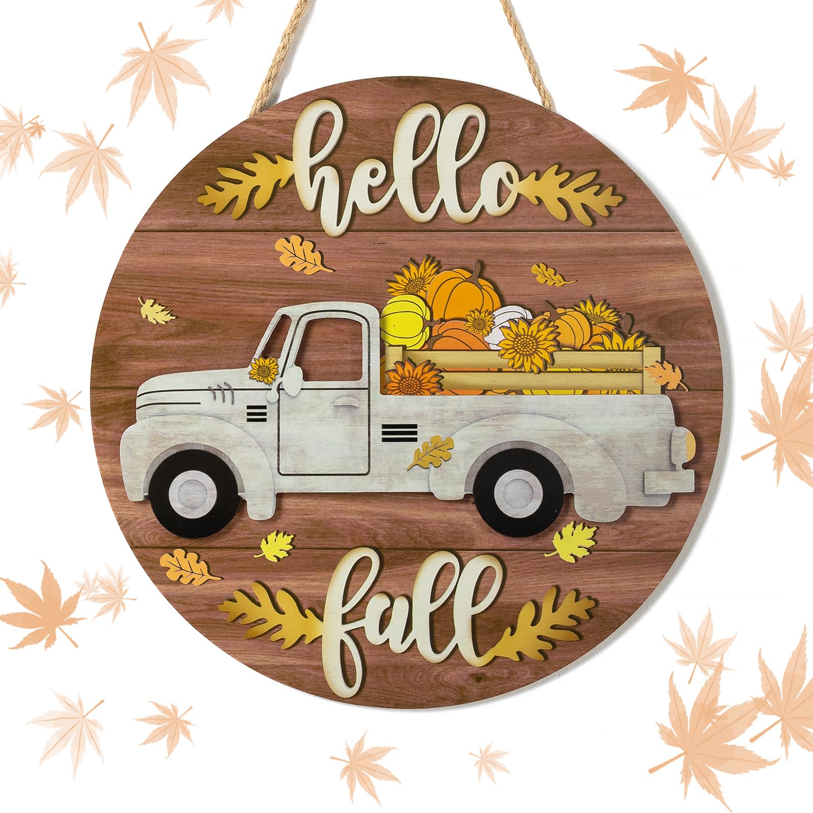 Walasis Fall Decor Front Door: Hello Fall Sign Autumn Pumpkin Truck - Harvest Wall Hanging Maple Leaves - Farmhouse Decorations Thanksgiving Pumpkins Signs for Home Porch