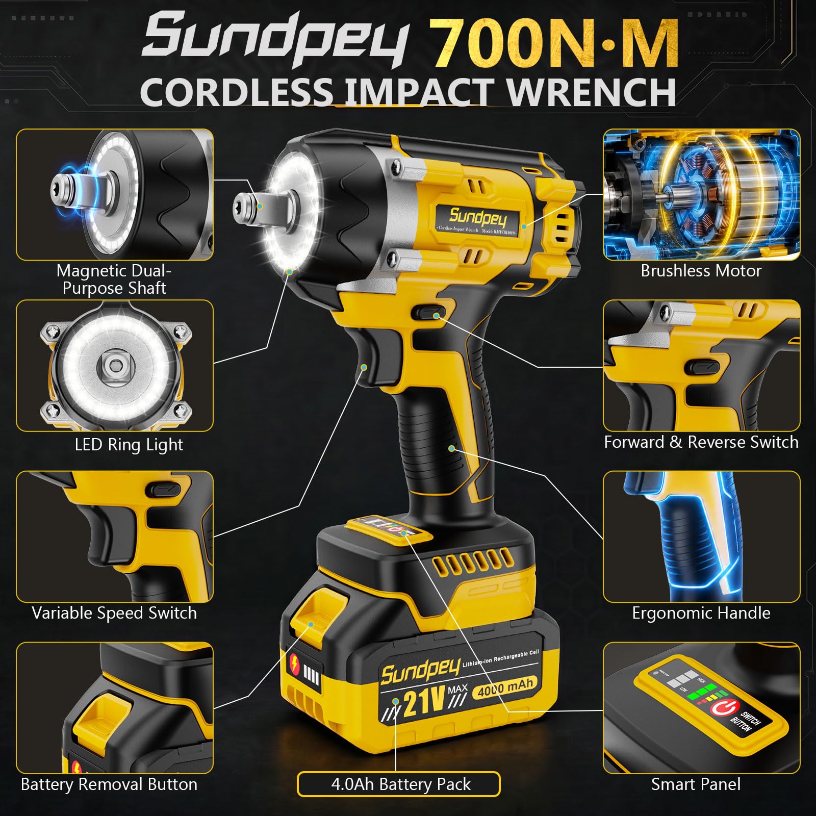 Sundpey Avvitatore a Impulsi a Batteria 700 Nm, 1/2" Brushless Avvitatore ad Impulsi con 2 Batterie 4,0 Ah, 6 Bussoli, Anello LED, 21V Avvitatore a Percussione per Cambio Pneumatici Auto e Bricolage