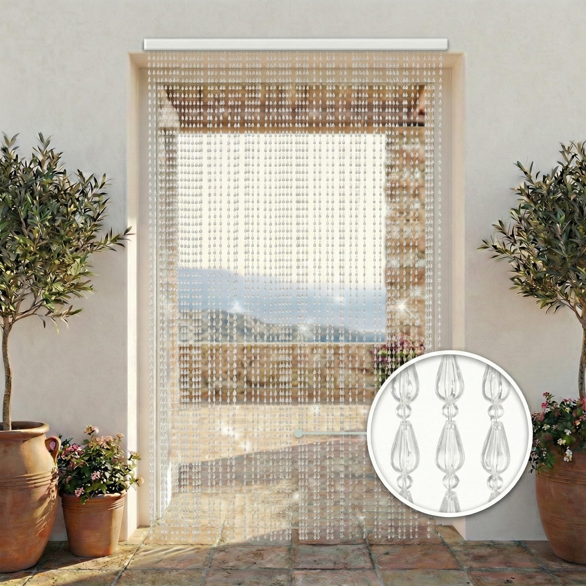 Rideau à fils avec perles transparentes pour porte et fenêtre - tige PVC et fils décoratifs en polyester - 120 x 220 cm