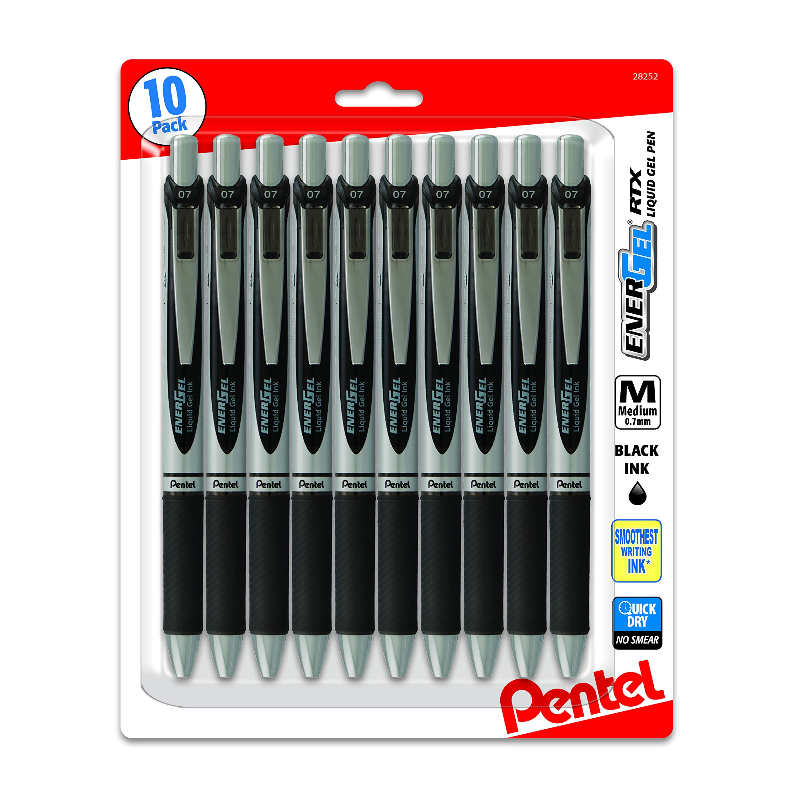 Energel 0.7 mm RTX Retractable Black Ink Pens - Medium Point, Metal Tip Pack of 10