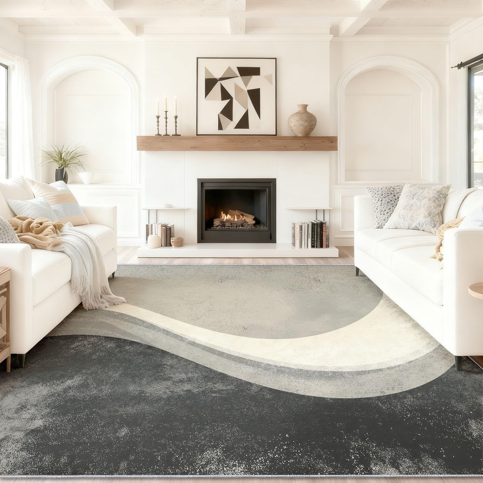 Tapis de salon lavable gris 60x110 cm à motif géométrique moderne