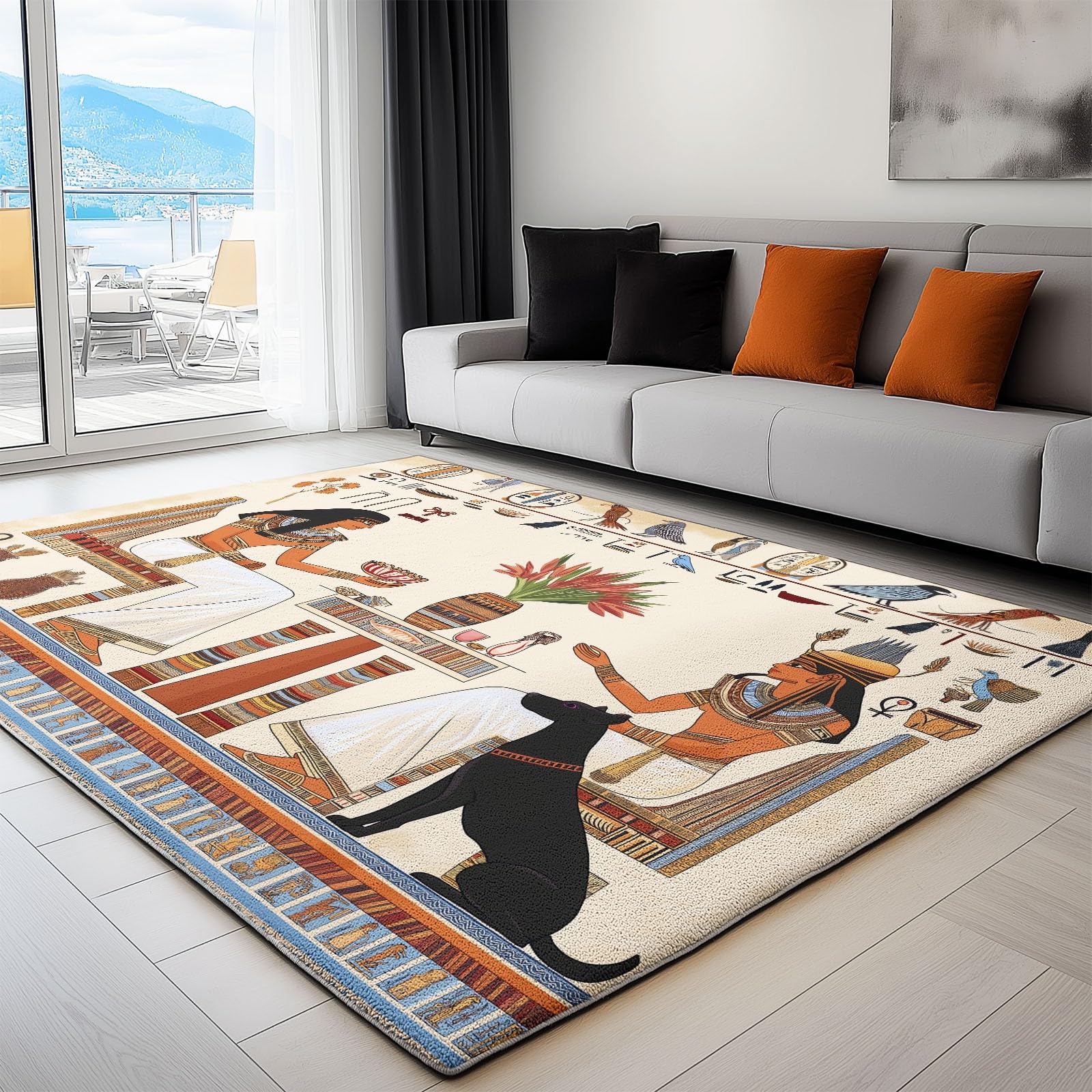 Area Rug 2x3 ft Washable Living Room Rug, Vintage Egyptian Dog Soft Indoor Non Slip Low Pile Large Area Rug, Carpet for Bedroom, Bedside, Kids Room,