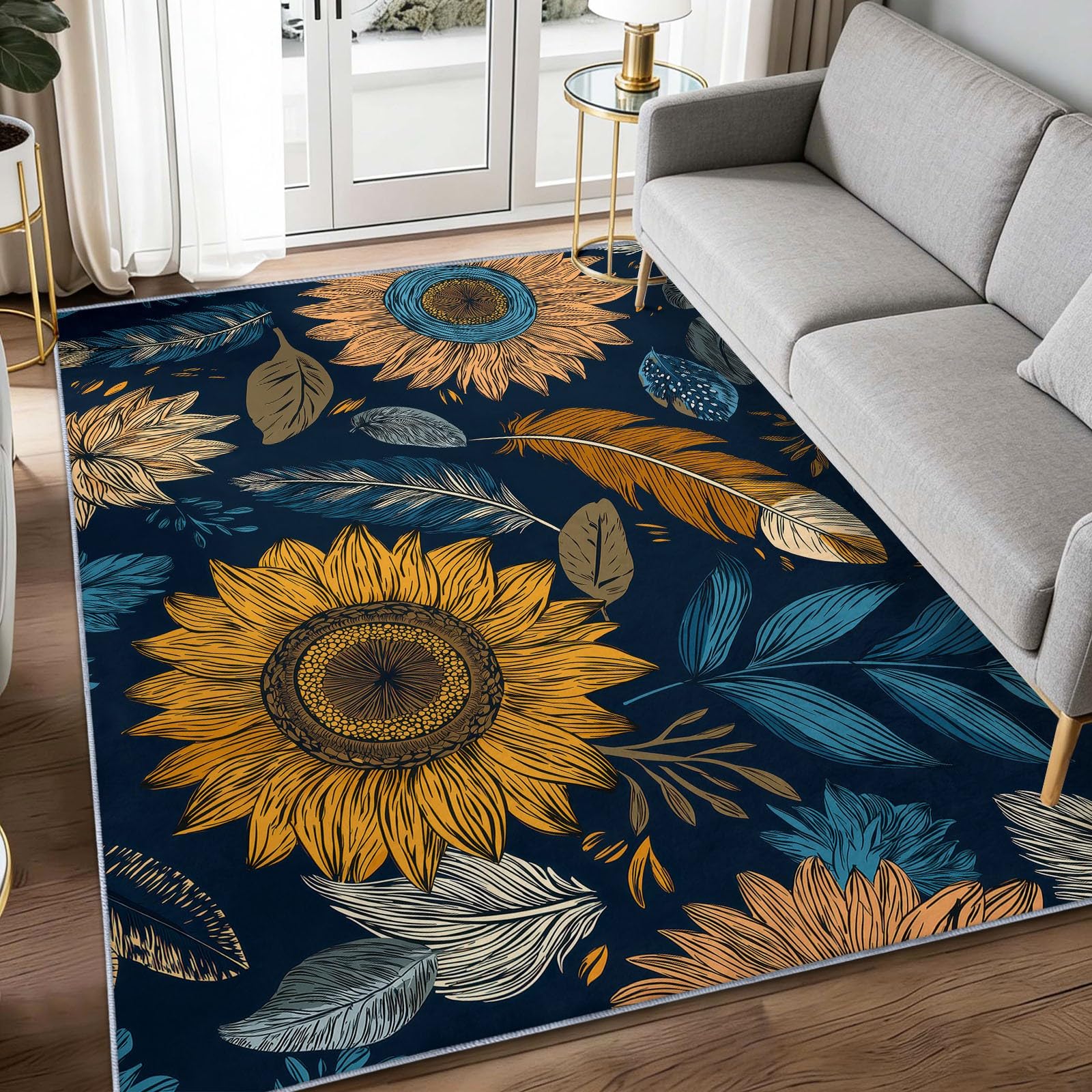 Generisch Ciemnoniebieski, nadaje się do prania, 140 x 200 cm, ręcznie rysowany dywan w stylu boho, w kwiaty, słoneczniki, z antypoślizgowym gumowym spodem, miękki dywan z krótkim włosiem, do sypialni