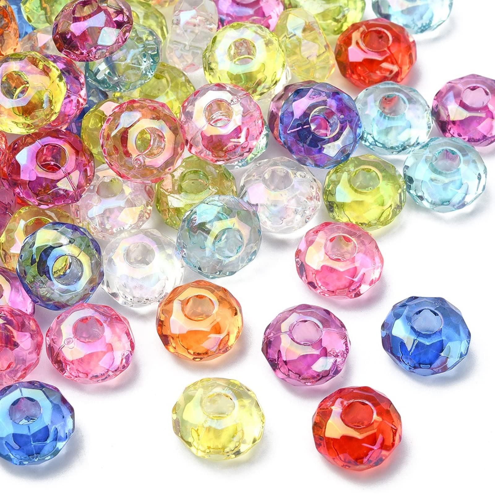 UR URLIFEHALL 100 Pcs Transparent Acrylic European Beads AB Colour Rondelle Large Hole Charm Beads for Jewellery Making (Random Mixed Colour)