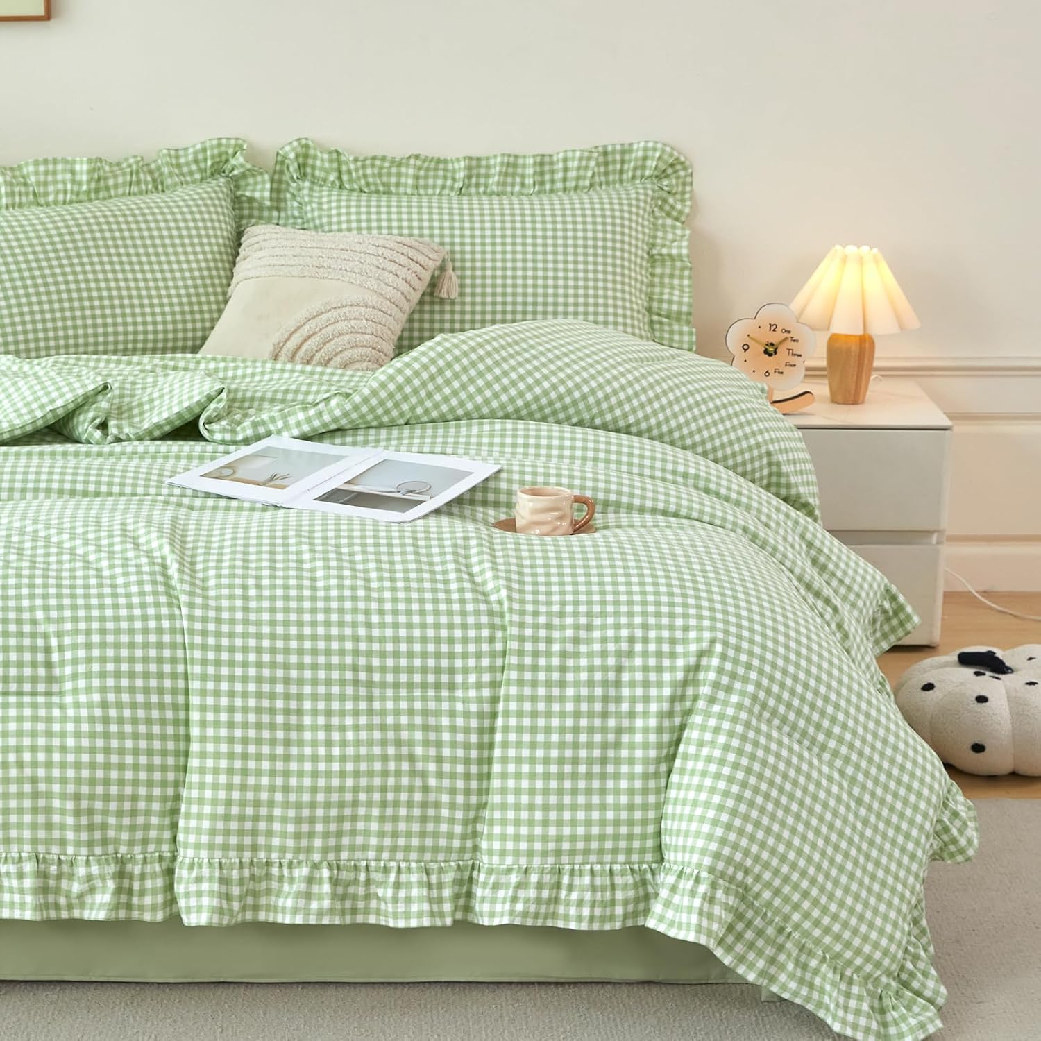 RYNGHIPY Gingham Ruffle Comforter Set Twin Green Checkered Comforter Bedding 5 Pieces Cottage Grid Bed in a Bag Pre-Washed Microfiber Plaid Bed Set for Boys Girls (Green Gingham, Twin)