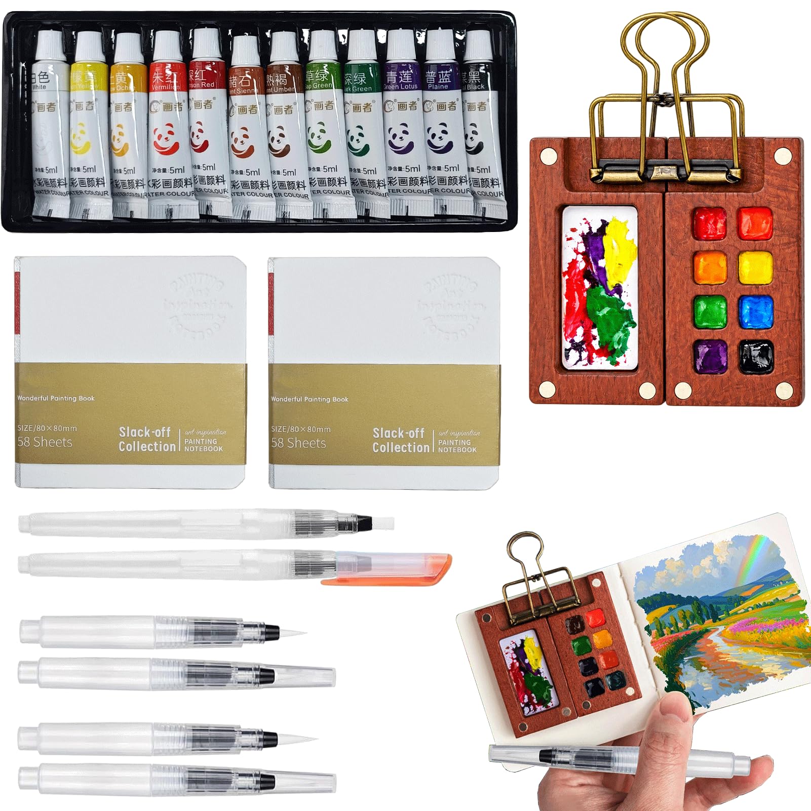 Pocket Artist - Juego de viaje de acuarela, con 1 paleta portátil de madera de nogal (8 rejillas), 12 pinturas vibrantes, 2 libros de bocetos, 5 bolígrafos de pincel, mini juego de pintura de acuarela