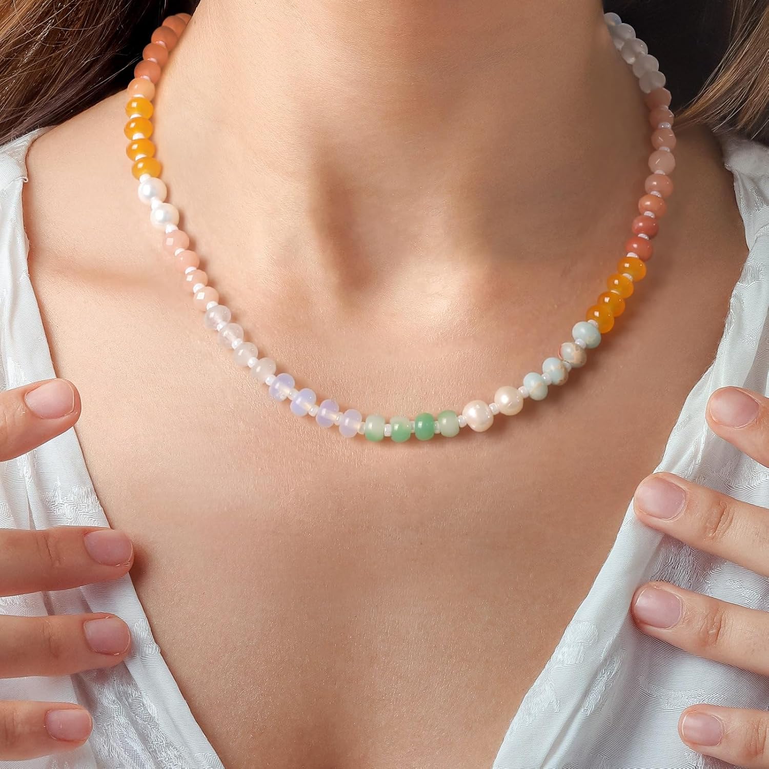 Colorful Beaded Necklace for Women,Boho Natural Stone Beach Necklace Rainbow Stone Choker Necklaces Summer Handmade Jewelry Gifts - Image 3