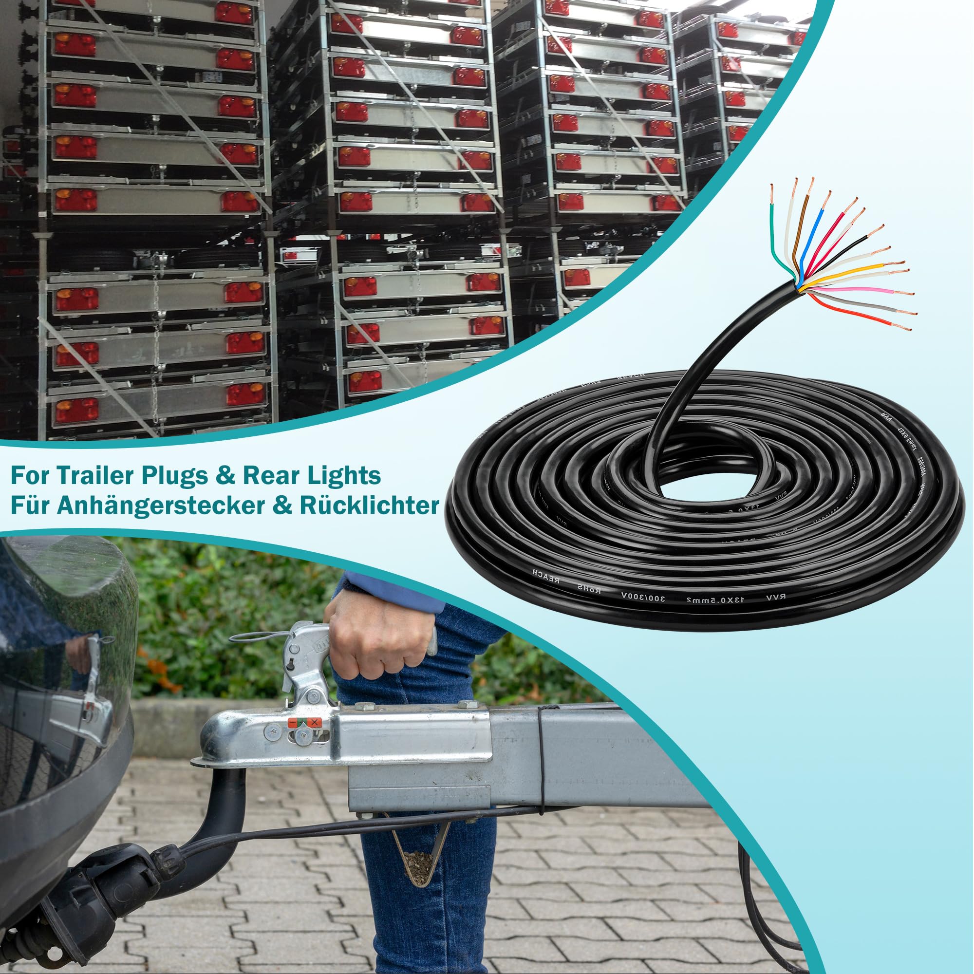 Anhänger Kabel Autokabel 13 Pin, Automotive 13 Core Kabel Fahrzeugleitung 0,5mm², 5M Abschleppkabel für Anhänger, Caravan Kabel Kupferkabel 13cores 12V 24V, RoHs Reach Zulassung