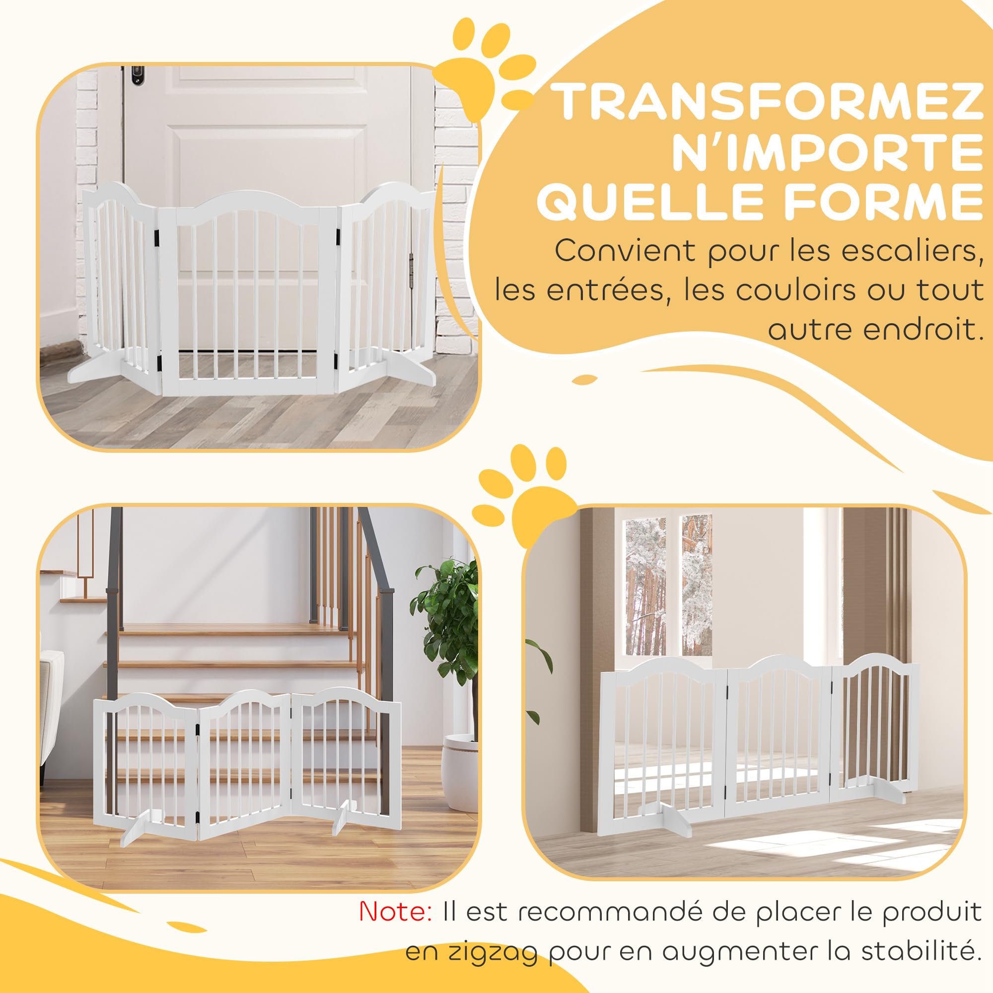 PawHut Barrière de sécurité barrière modulable Pliable pour Animaux de Compagnie avec Pied de Support MDF Bois Massif 154,5 x 61 cm Blanc