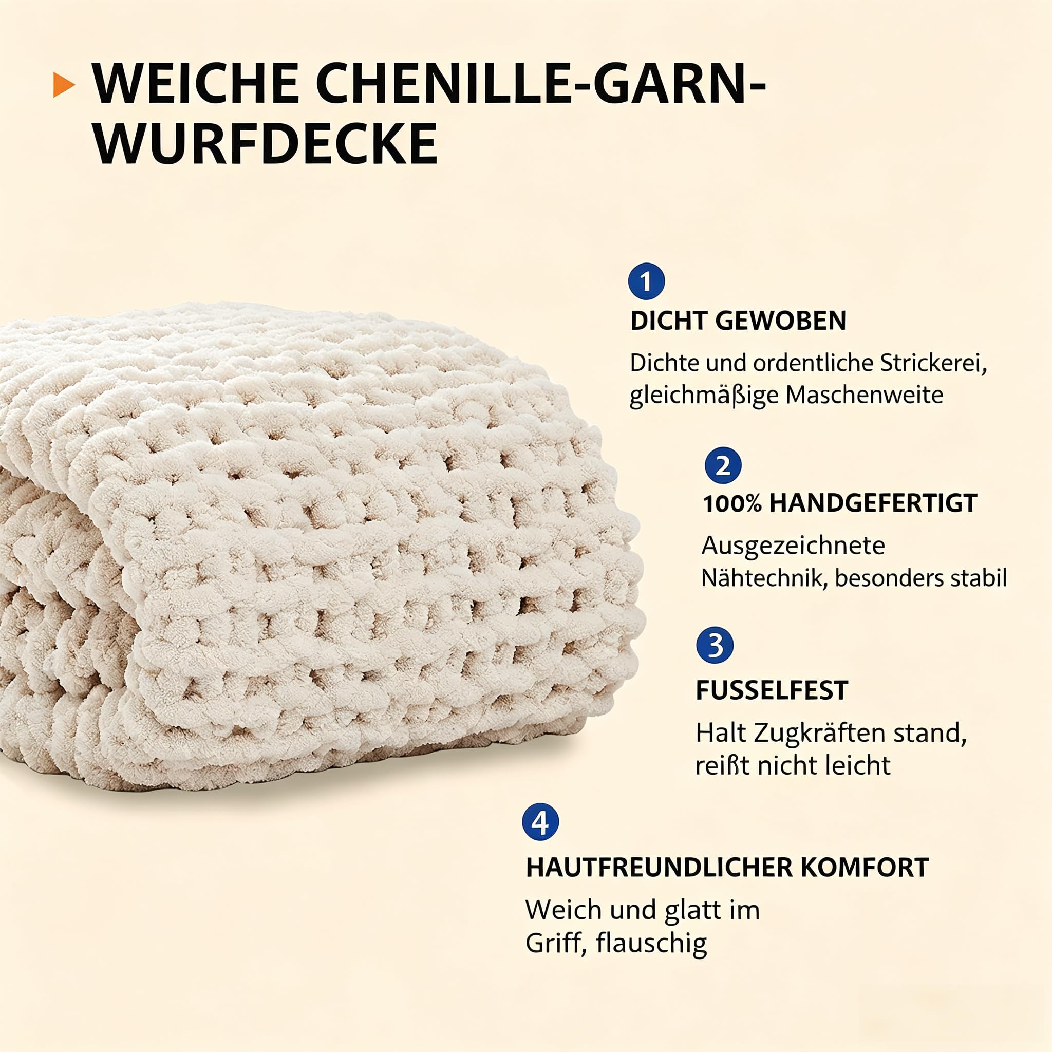 L'AGRATY Couverture tricotée épaisse Ivoire (130 x 160 cm) - En fil chenille doux - Couverture tricotée à la main - Couverture douillette au crochet pour canapé, lit et décoration d'intérieur