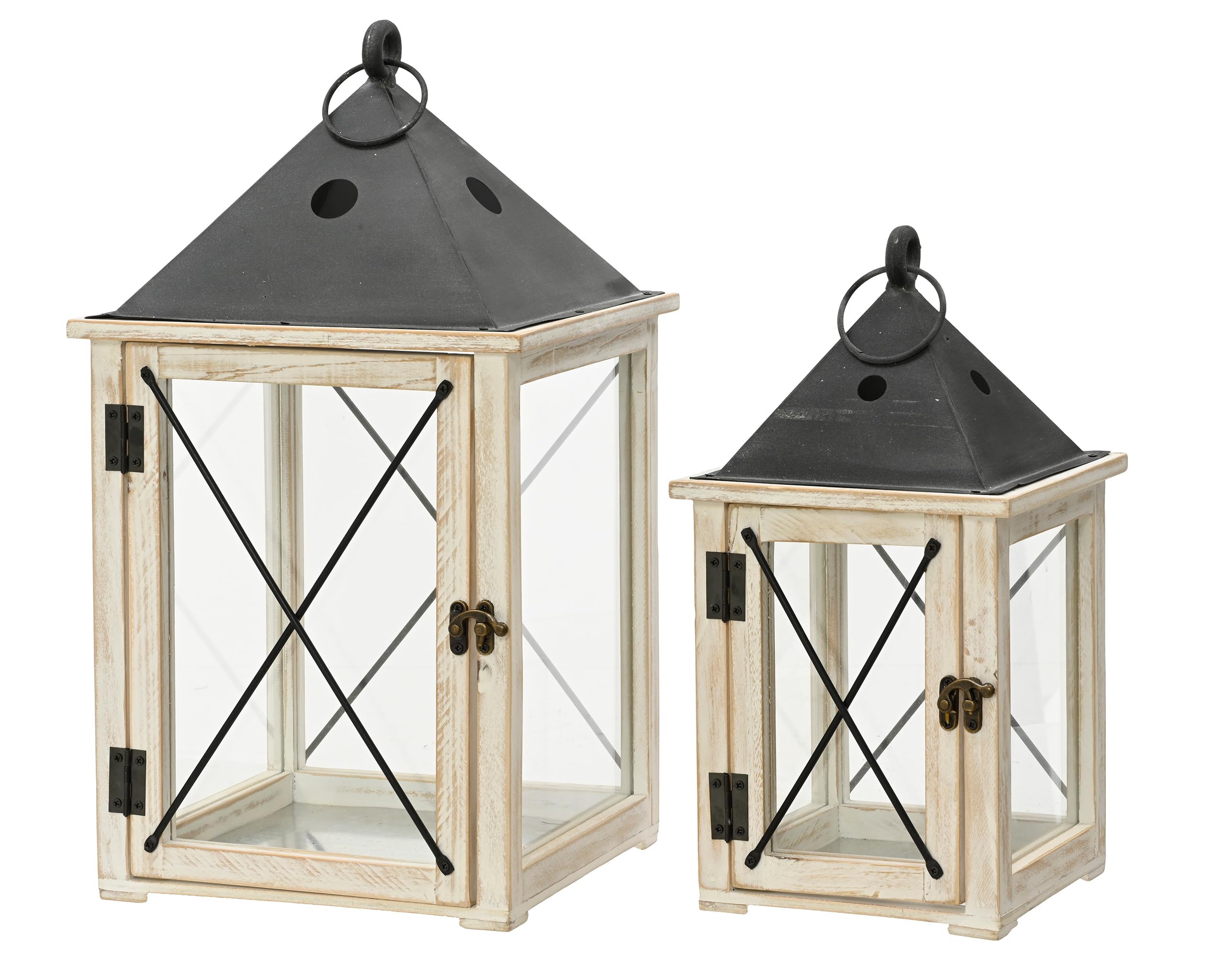 Lot de 2 lanternes en bois FSC 100 % métal 24 x 46 cm/18 x 34,5 cm avec anse – À suspendre ou à poser – Lanterne pour l'intérieur et l'extérieur – Lanterne décorative en bois – Bougeoir