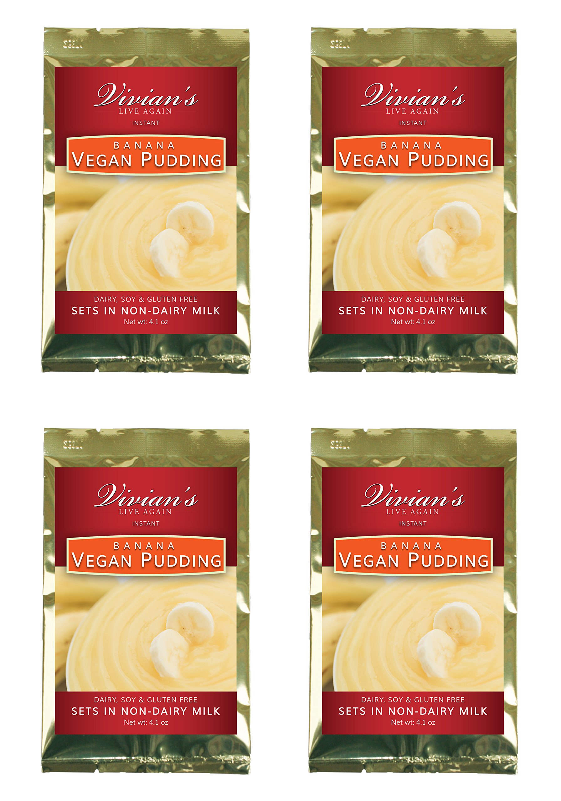Vegan Instant Banana Pudding- 4 Pack by Vivian's Live Again Dairy Free, Soy Free, Gluten Free