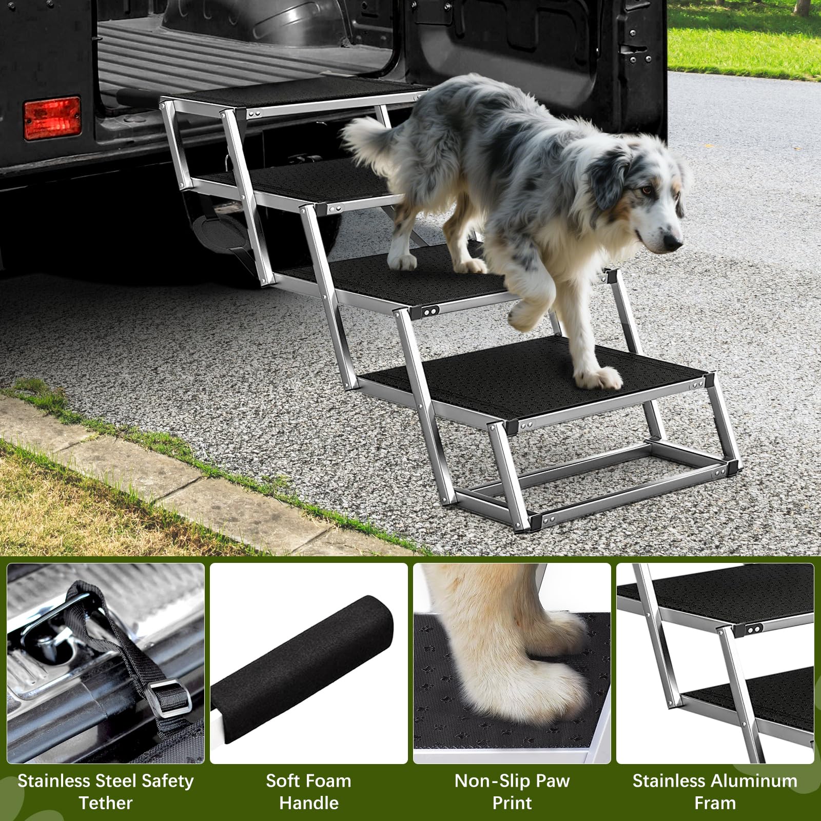 Hundetreppe Für Große Hunde, Extra Breit 4 Stufen Hunderampe Klappbar, Leichte Und rutschfeste Hundetreppe Für Auto, Lastwagen Und SUV, Unterstützung Bis 100 KG