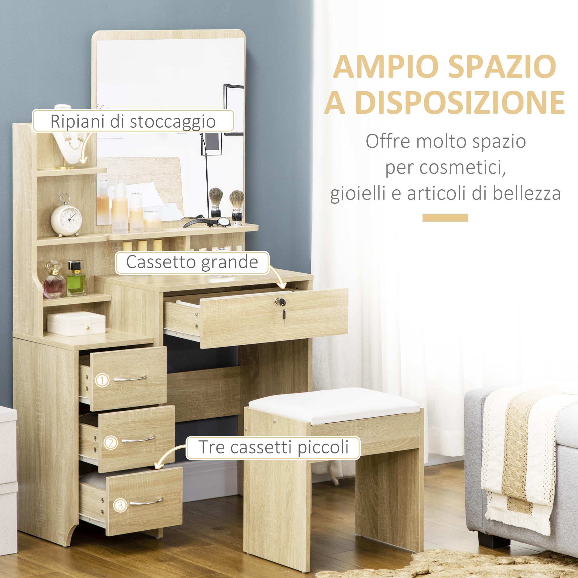 HOMCOM Postazione Trucco con Specchio Grande in Vetro Temperato, Toeletta Trucco con Sgabello Imbottito, 4 Cassetti e 4 Ripiani, Postazione Make Up per Camera da Letto, Colore Legno