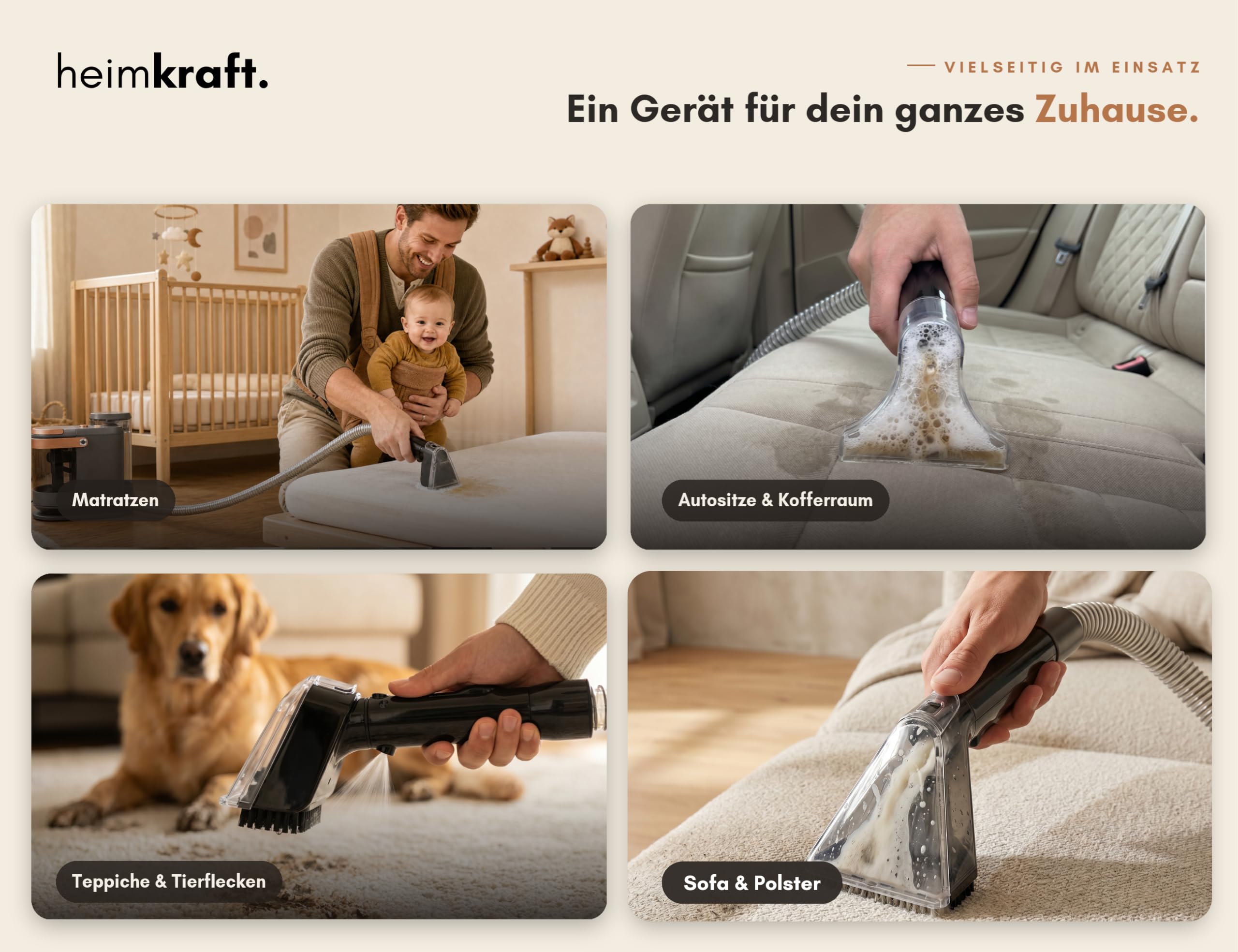 Nasssauger Polsterreiniger Gerät Waschsauger – Polstersauger [Sprühkontrolle] 15.000 Pa Sprühextraktion für Sofa, Couch, Teppich & Auto | Waschsauger heimkraft Teppichreiniger Polsterreiniger