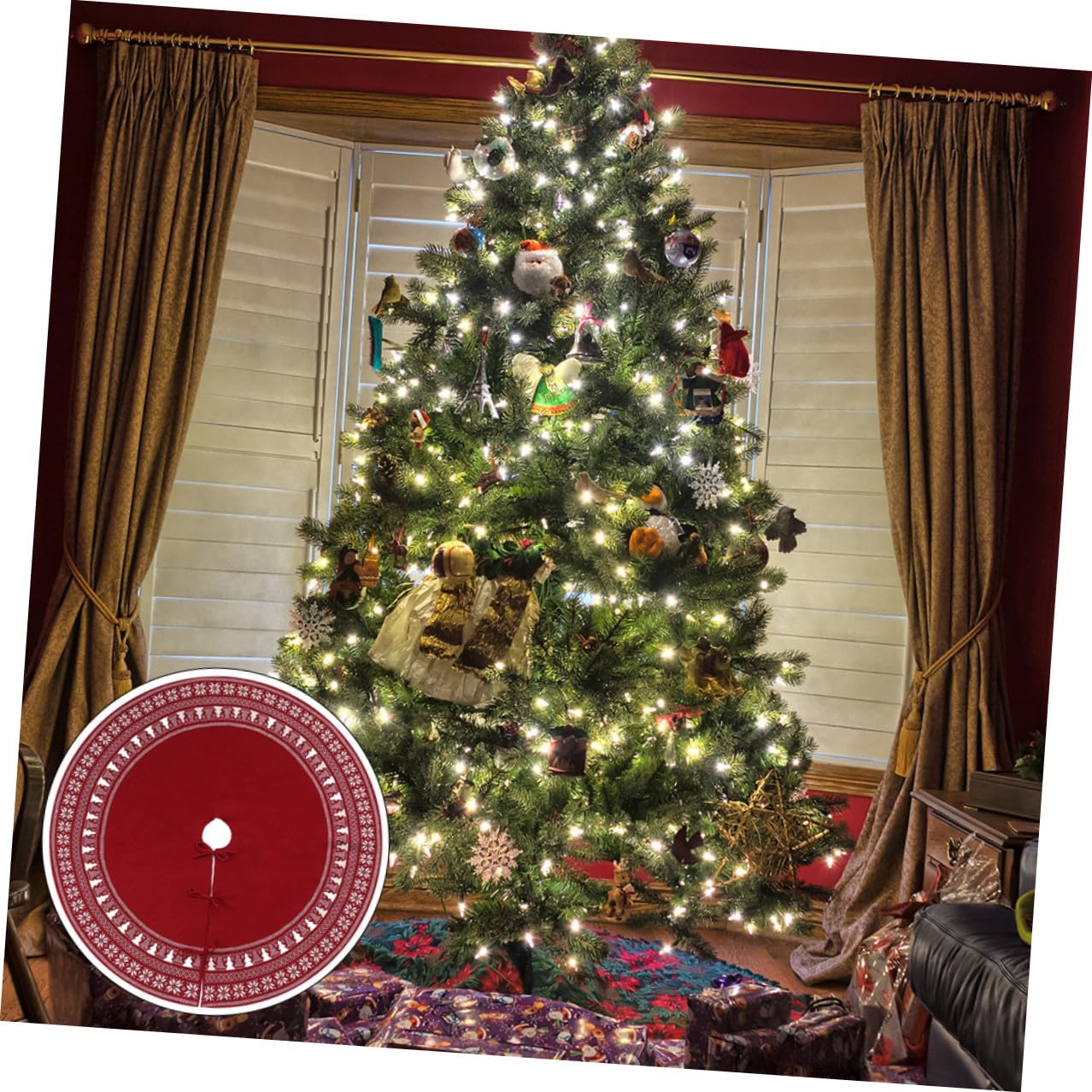Sosoport Weihnachtsbaumschürze aus Gestricktem Material mit Schneeflocken und Baum-Elementen Dekorationsdecke für Weihnachtsbaum und Feiertage