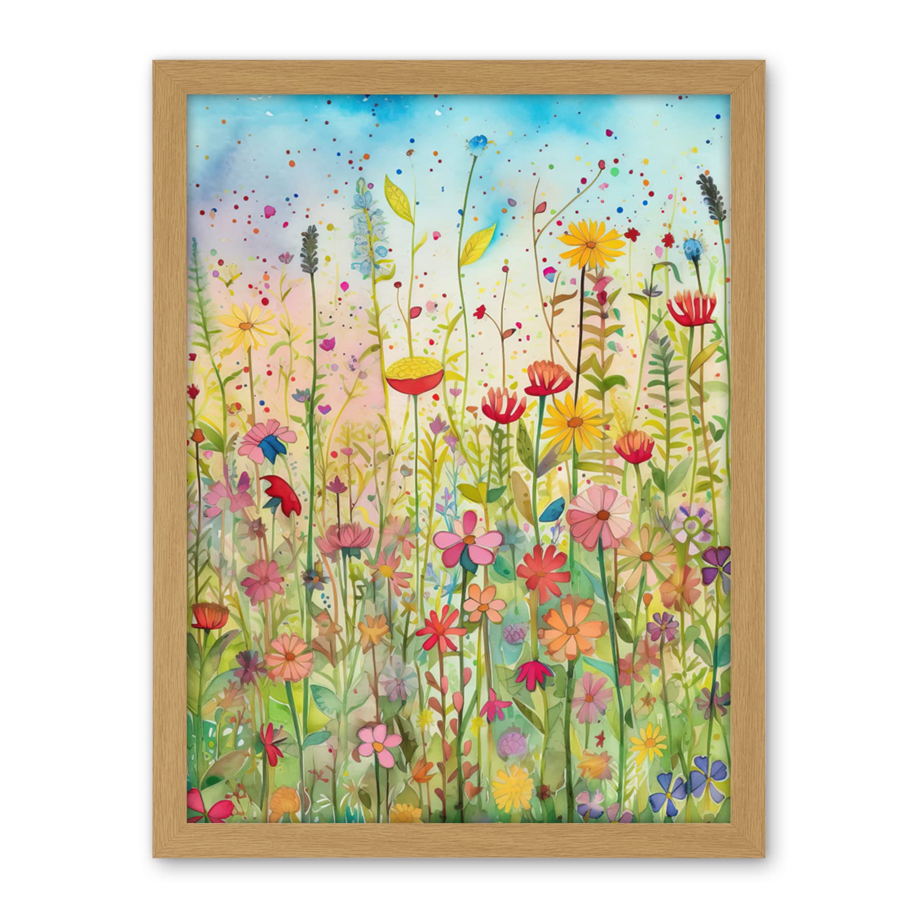 Artery8 Summer Wild Flower Blossom Meadow Folk Art Artwork Framed Wall Art Print 18X24 Inch