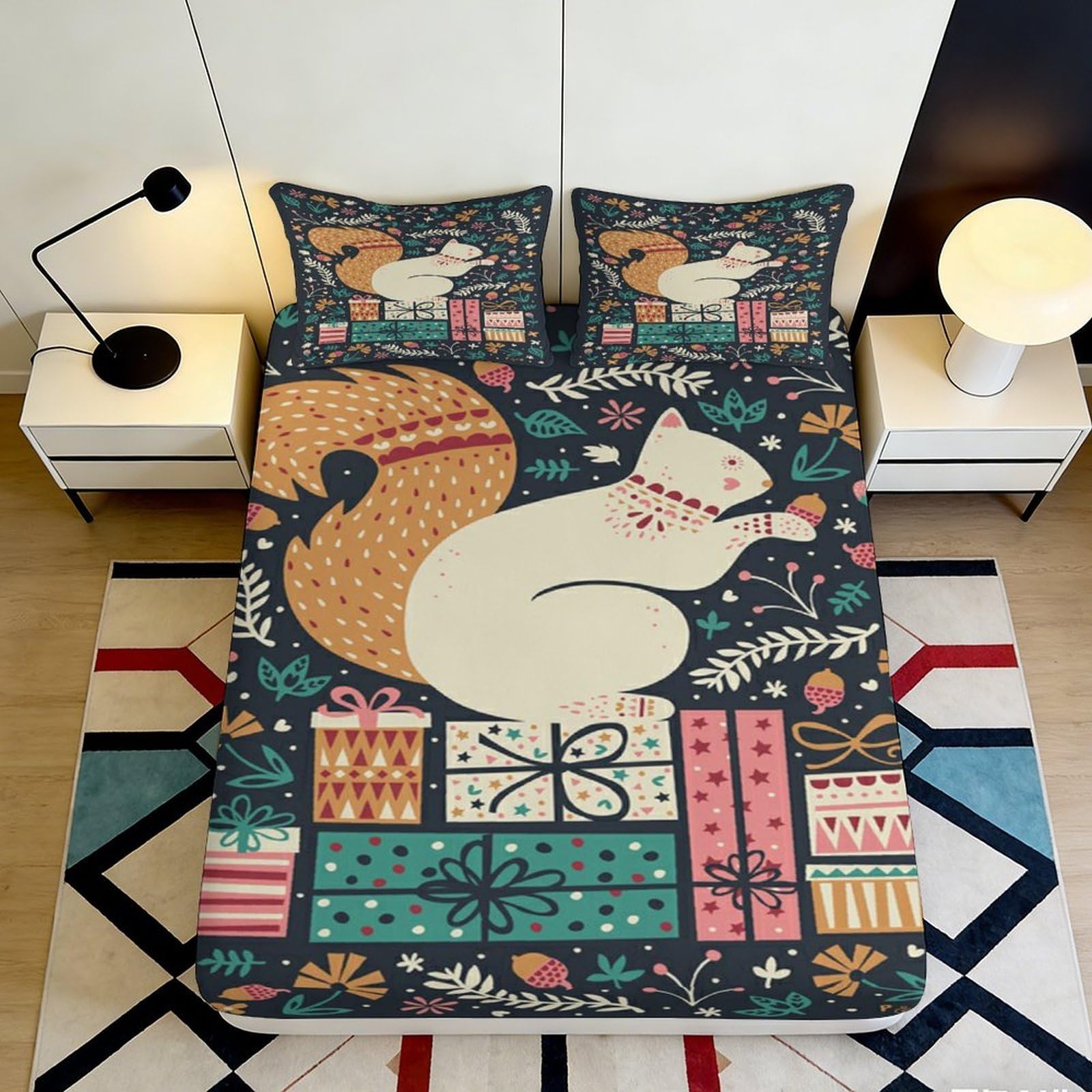 3D Printed Squirrel Pattern Fitted Sheet Microfiber Soft Breathable Gift Box Bed Cover for Bedroom Dormitory Guest Room Mattress Protection 180x200x25cm