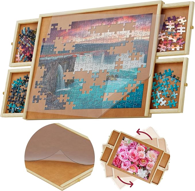 1000 Piece Wooden Jigsaw Puzzle Board - 4 Drawers, Rotating Puzzle Table | 30'' X 22'' Jigsaw Puzzle Table | Puzzle Cover Included - Portable Puzzle Tables for Adults and Kids by Beyond Innoventions